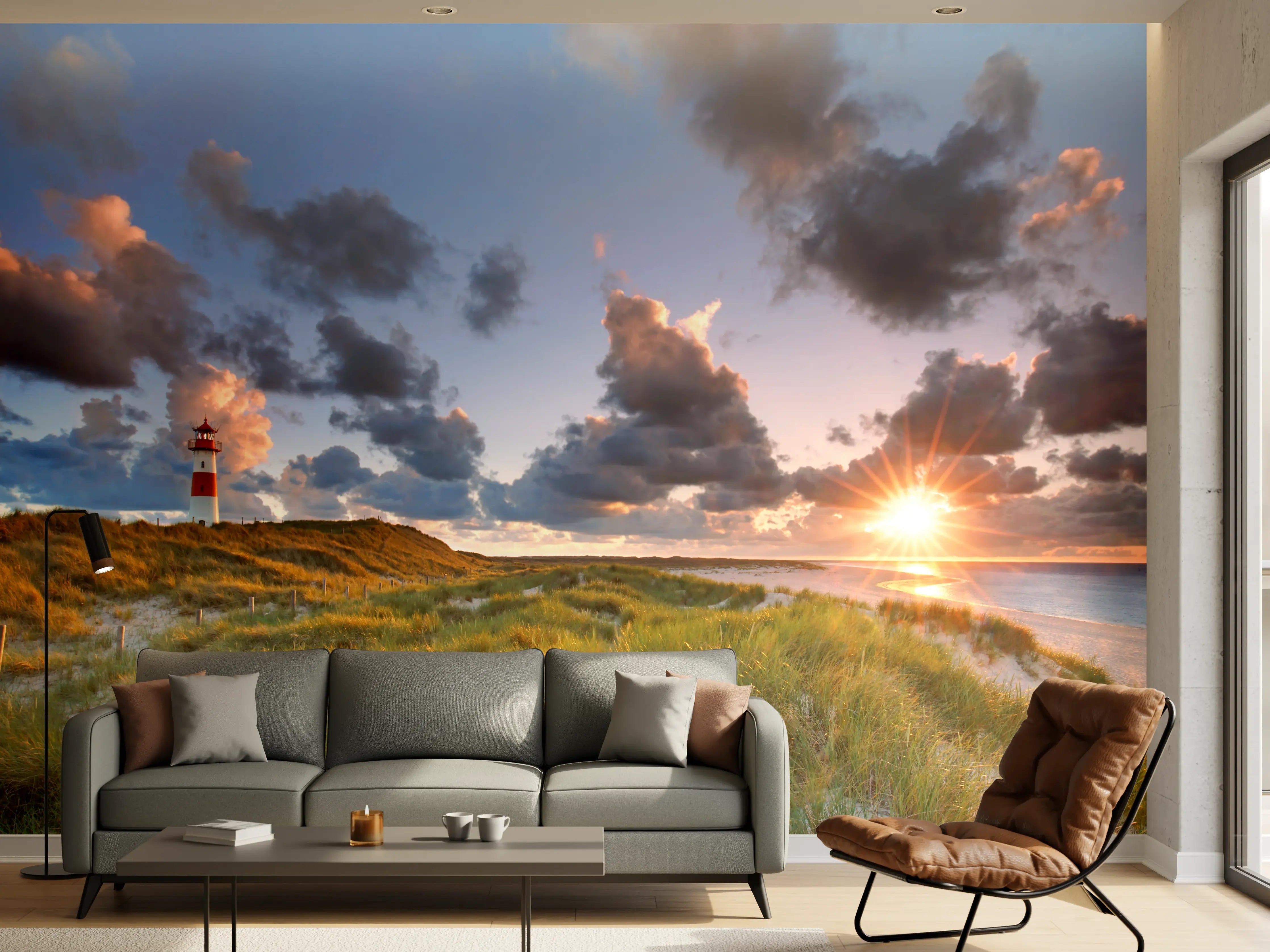 Wandverkleidung Wohnzimmer - Leuchtturm bei Sonnenuntergang an der Nordsee