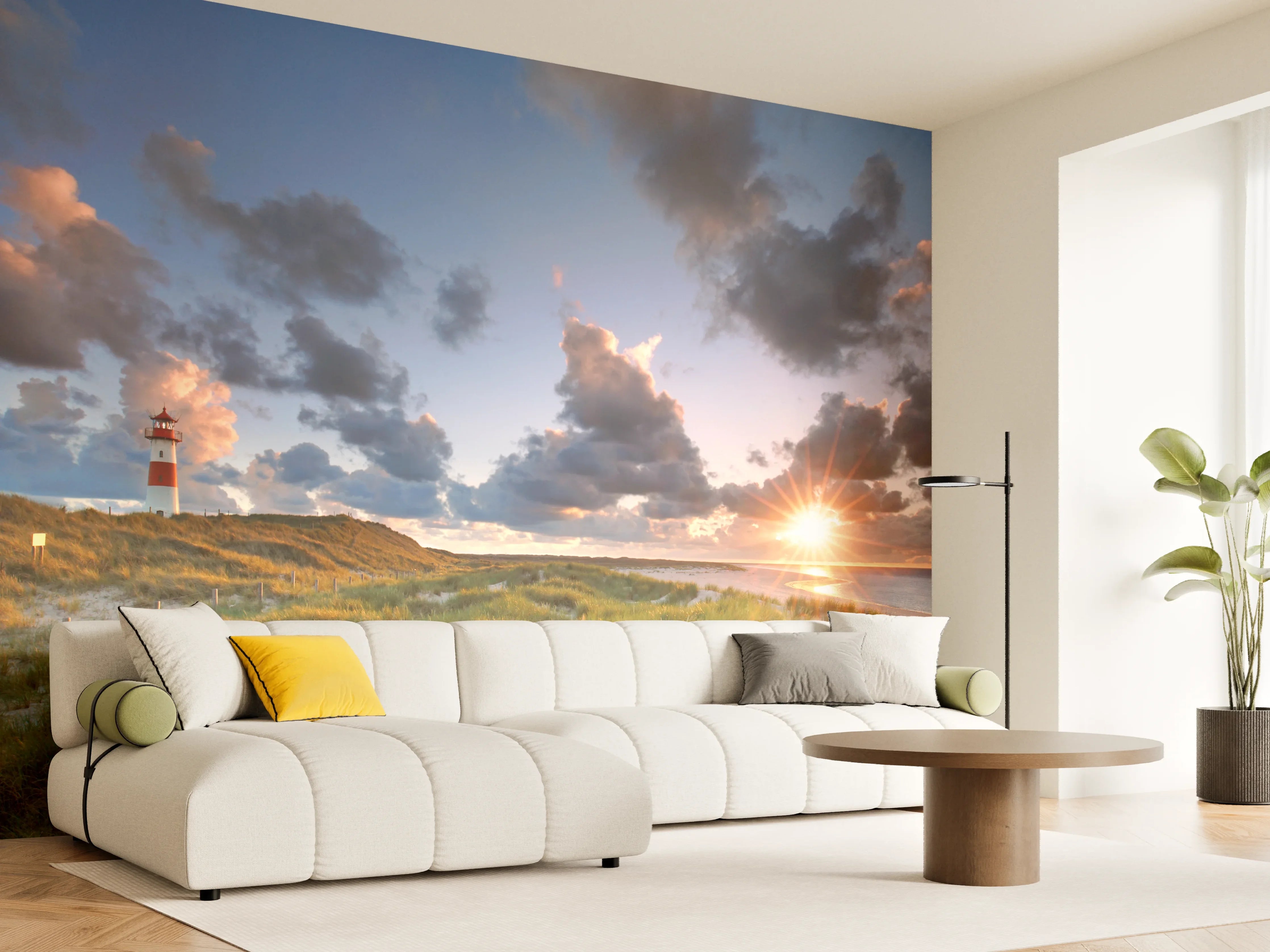 Wandverkleidung Wohnzimmer - Leuchtturm bei Sonnenuntergang an der Nordsee