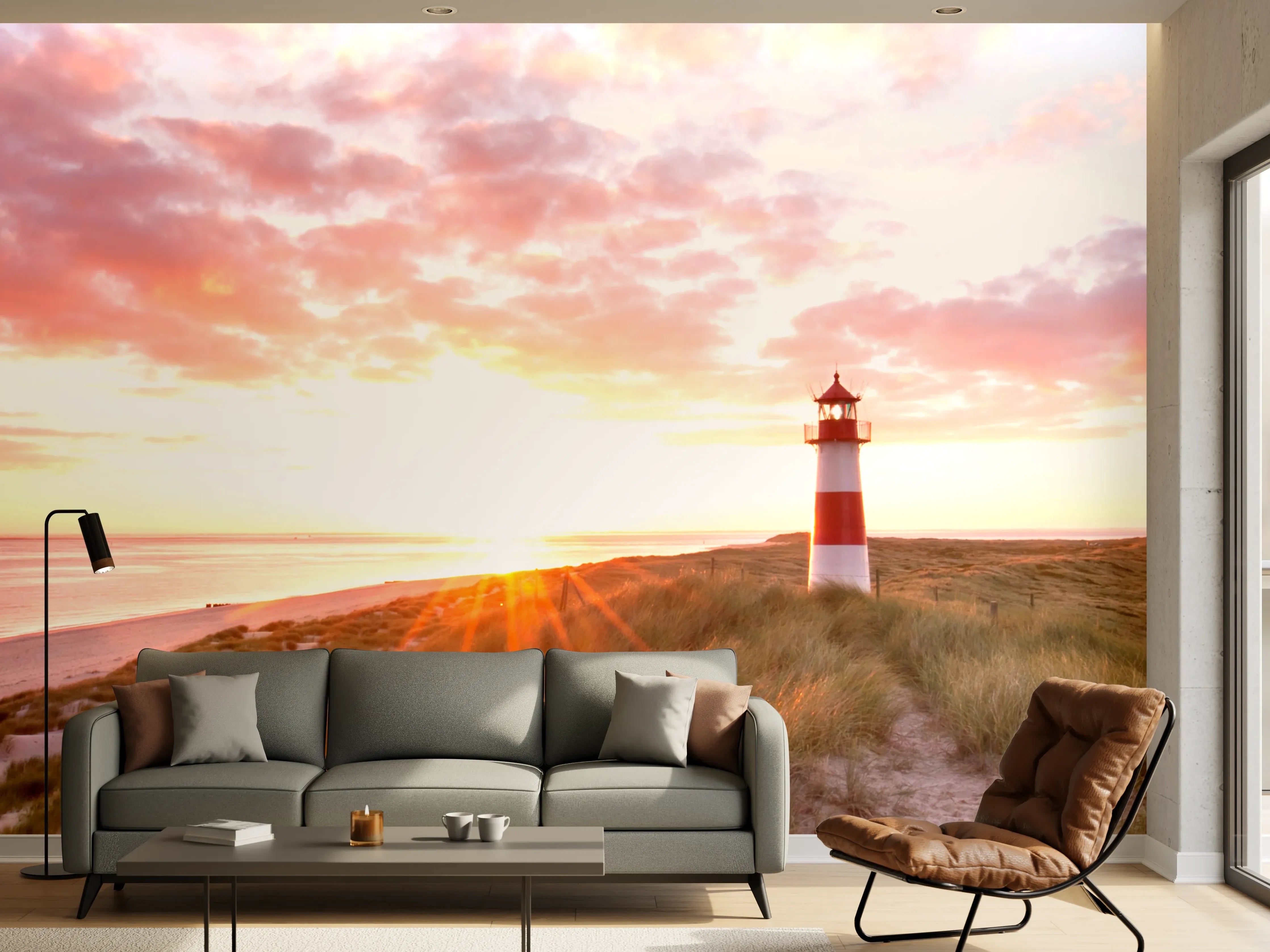 Wandverkleidung Wohnzimmer - Leuchtturm im Dämmergrau am Meeresstrand