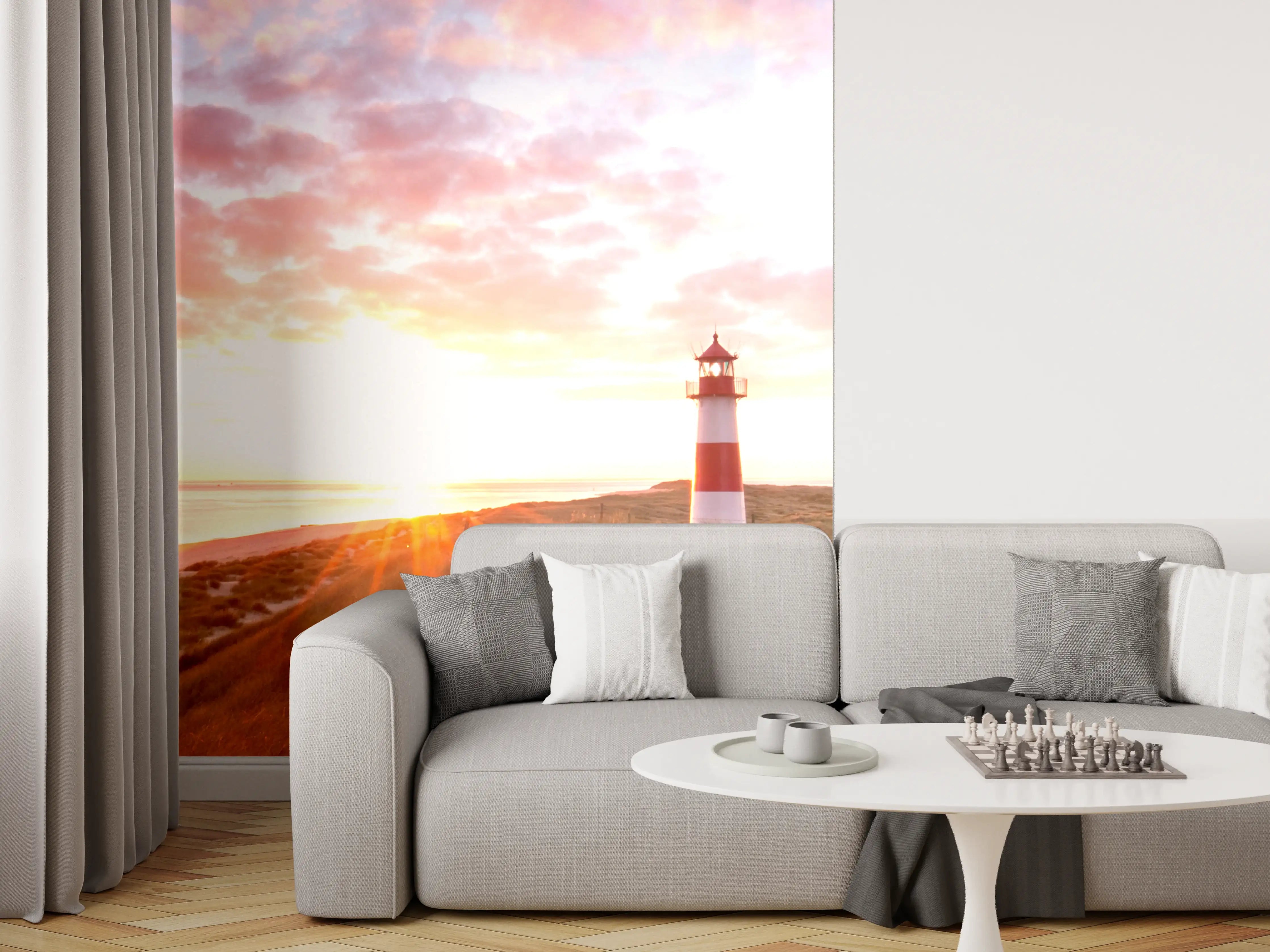 Wandverkleidung Wohnzimmer - Leuchtturm im Dämmergrau am Meeresstrand