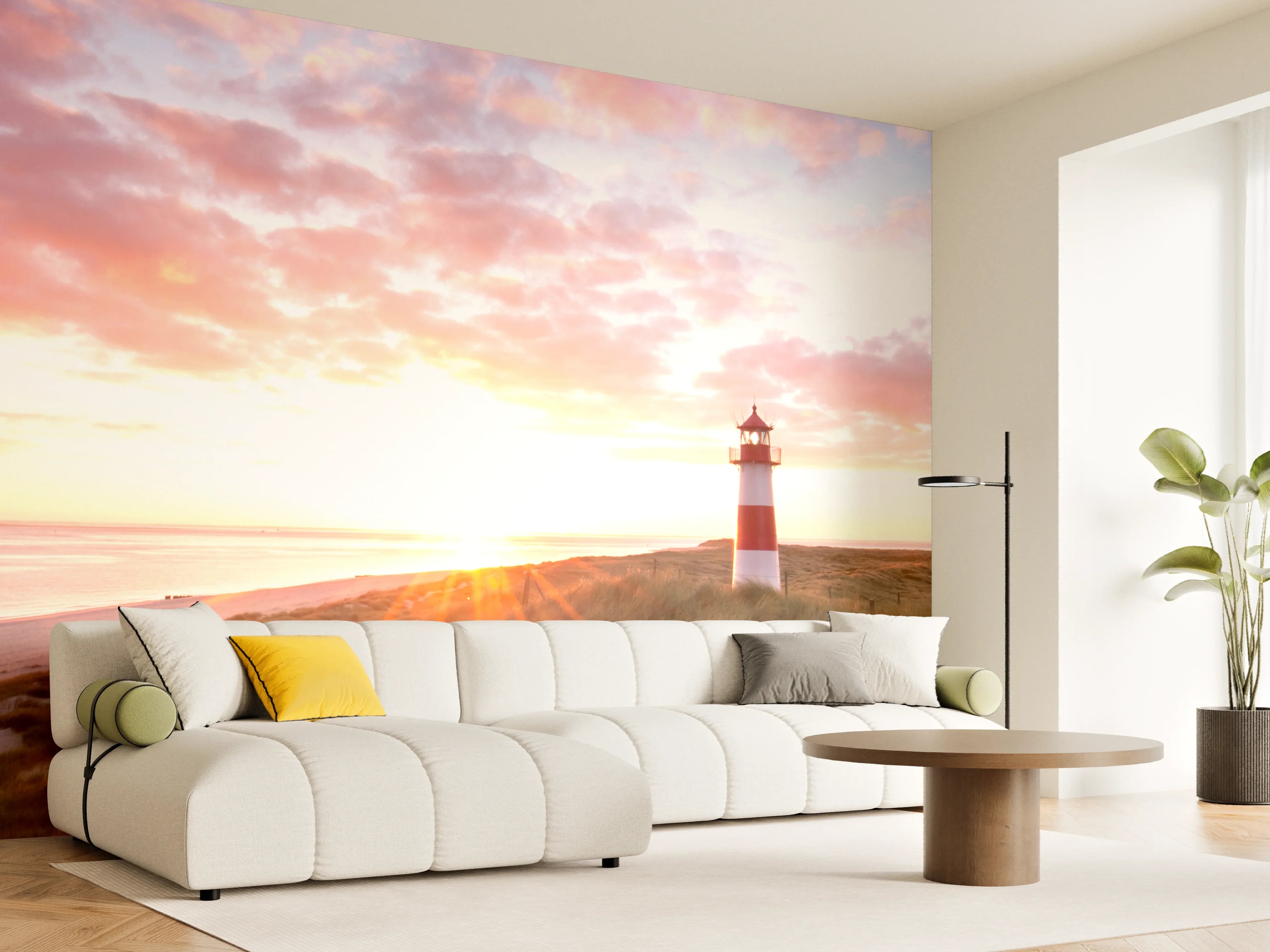 Wandverkleidung Wohnzimmer - Leuchtturm im Dämmergrau am Meeresstrand