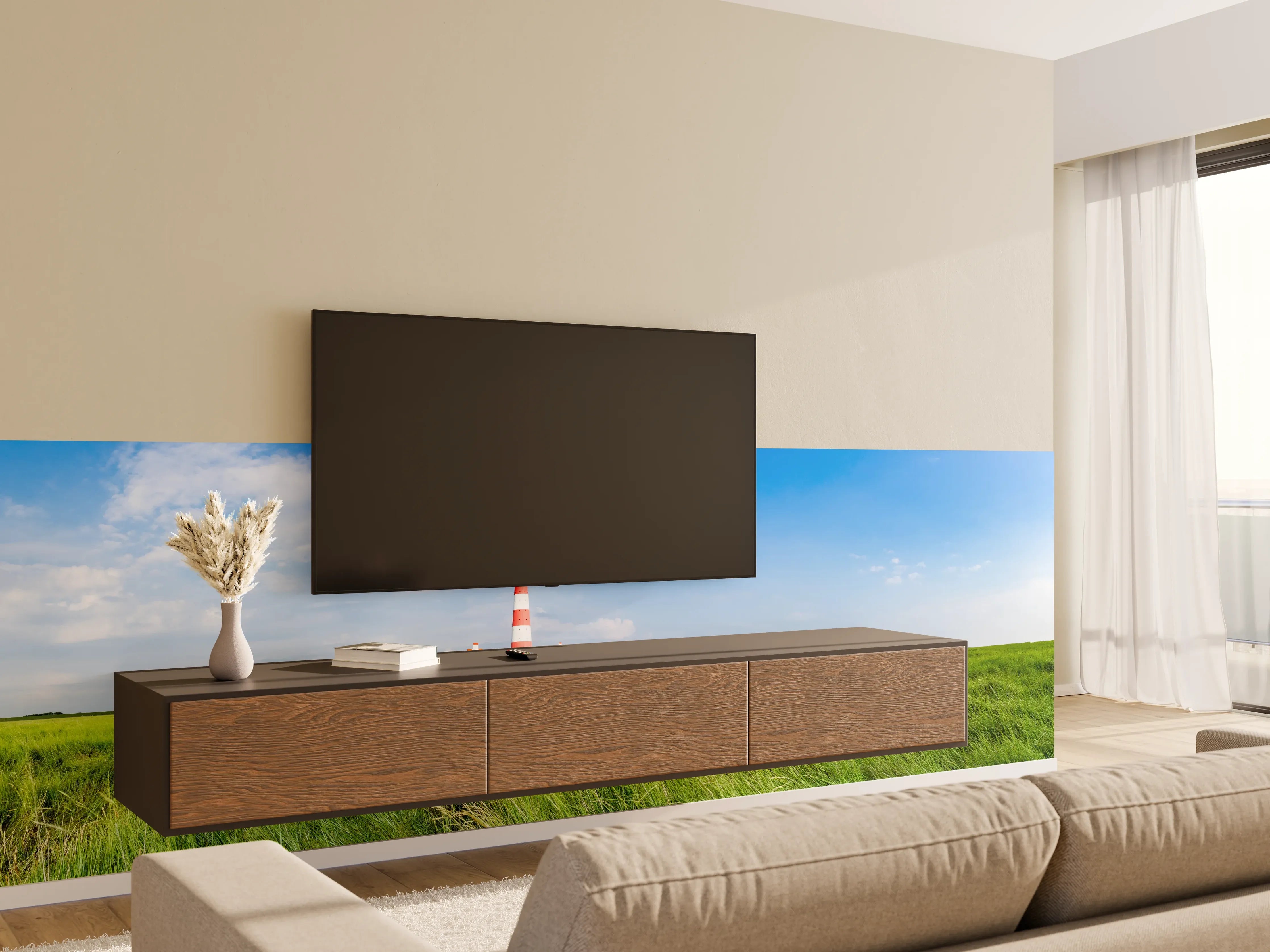 Wandverkleidung Wohnzimmer - Leuchtturm in der grünen Landschaft