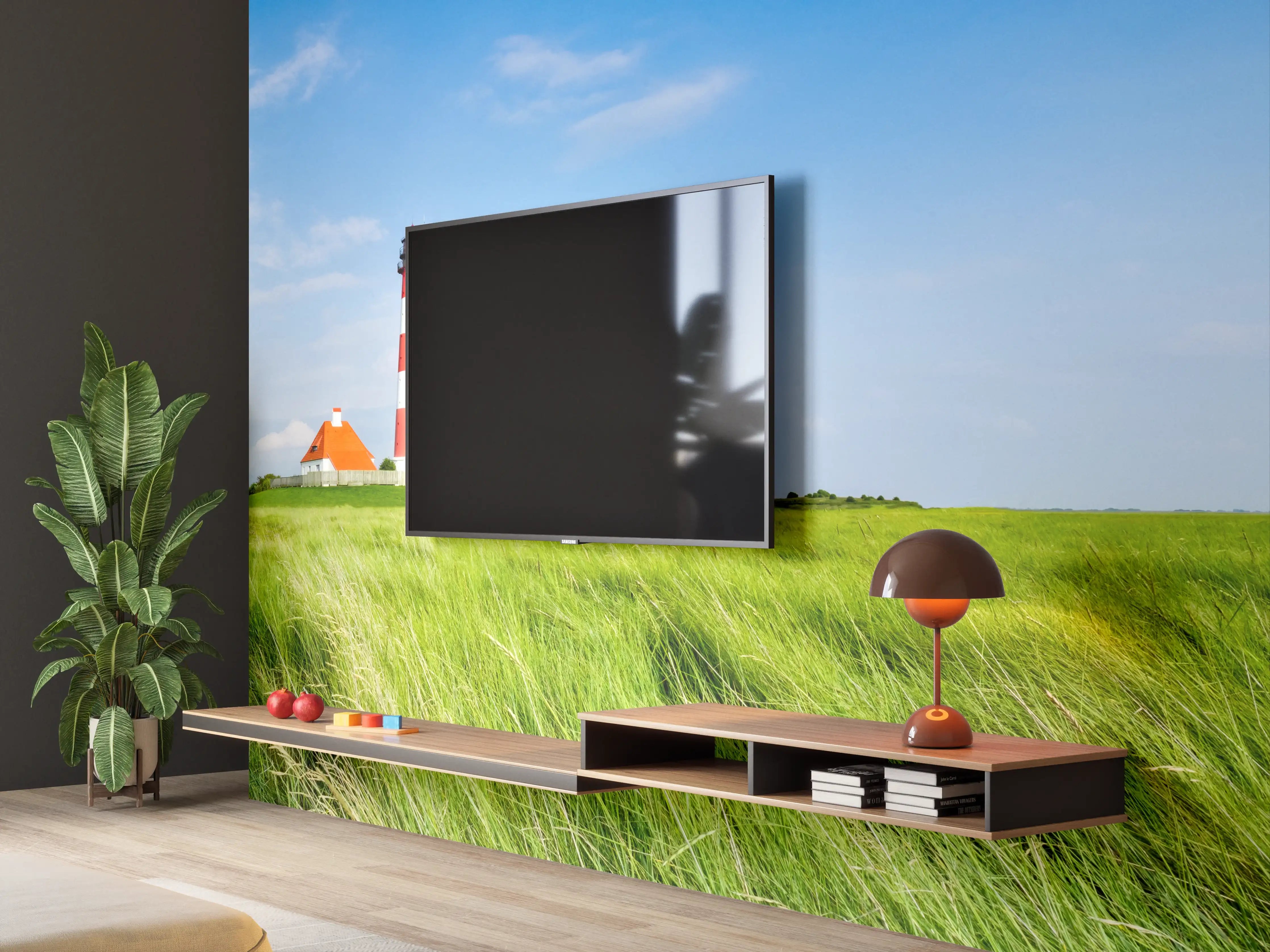 Wandverkleidung Wohnzimmer - Leuchtturm in der grünen Landschaft