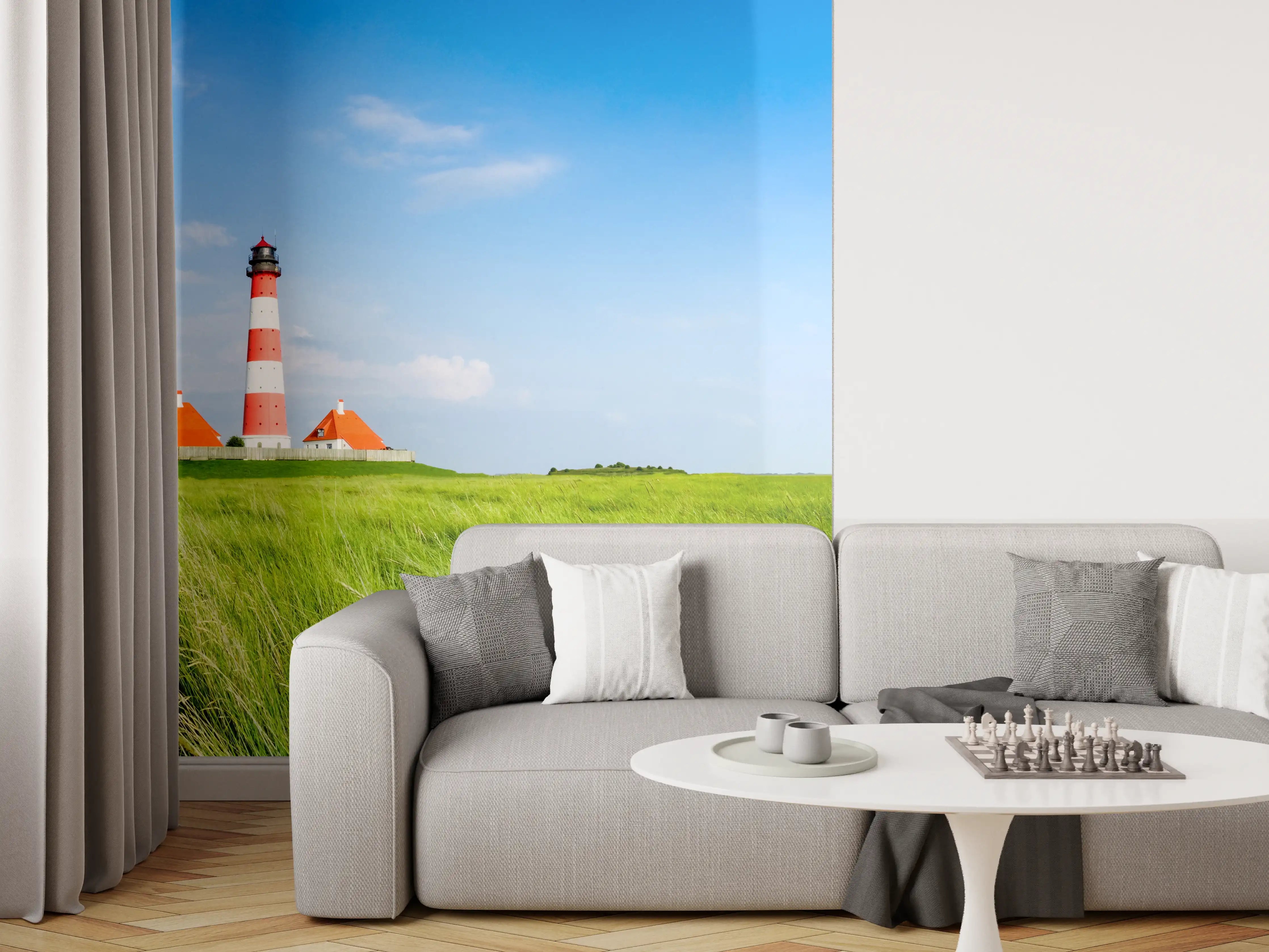 Wandverkleidung Wohnzimmer - Leuchtturm in der grünen Landschaft