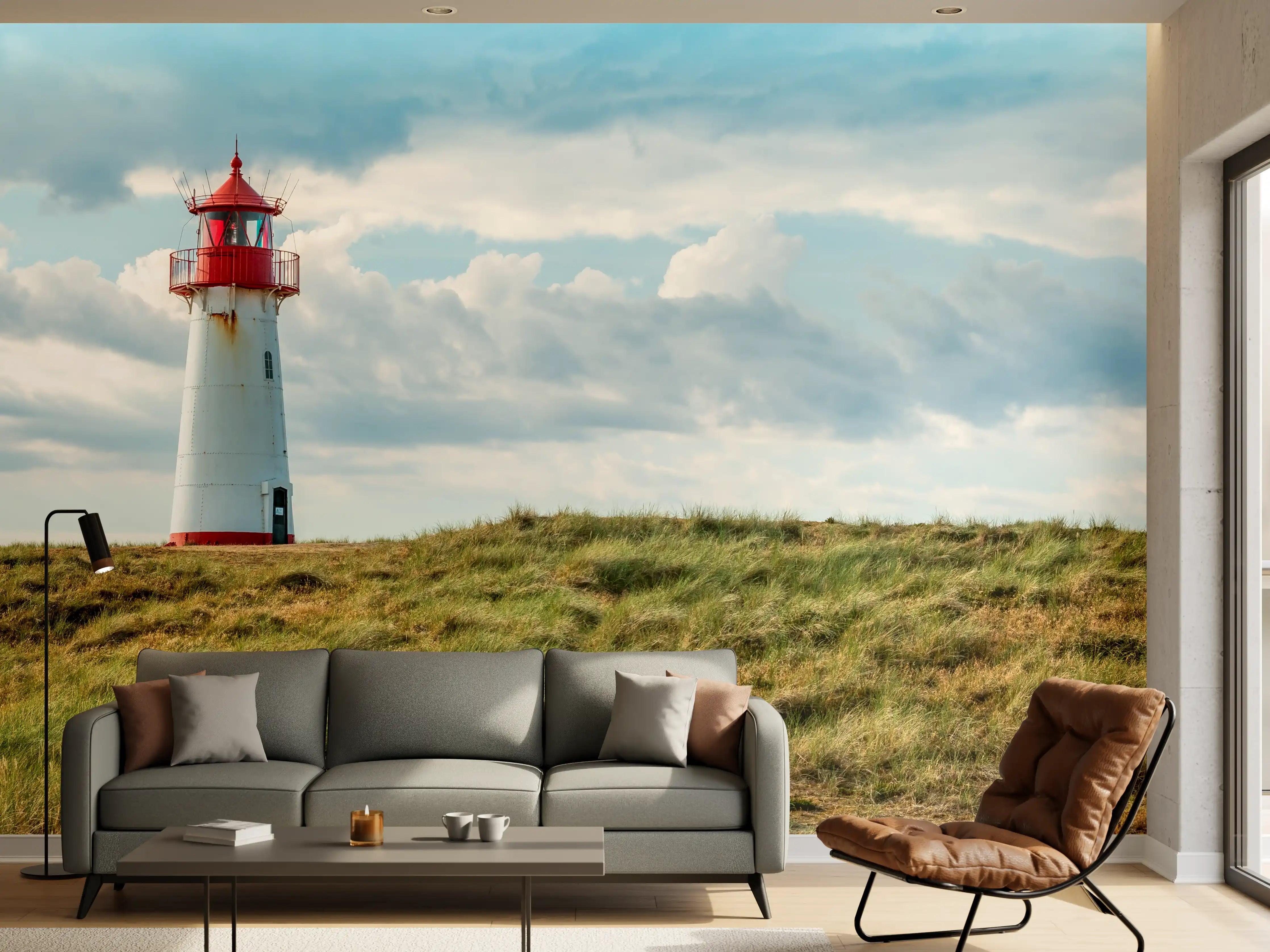 Wandverkleidung Wohnzimmer - Leuchtturm vor dramatischem Himmel
