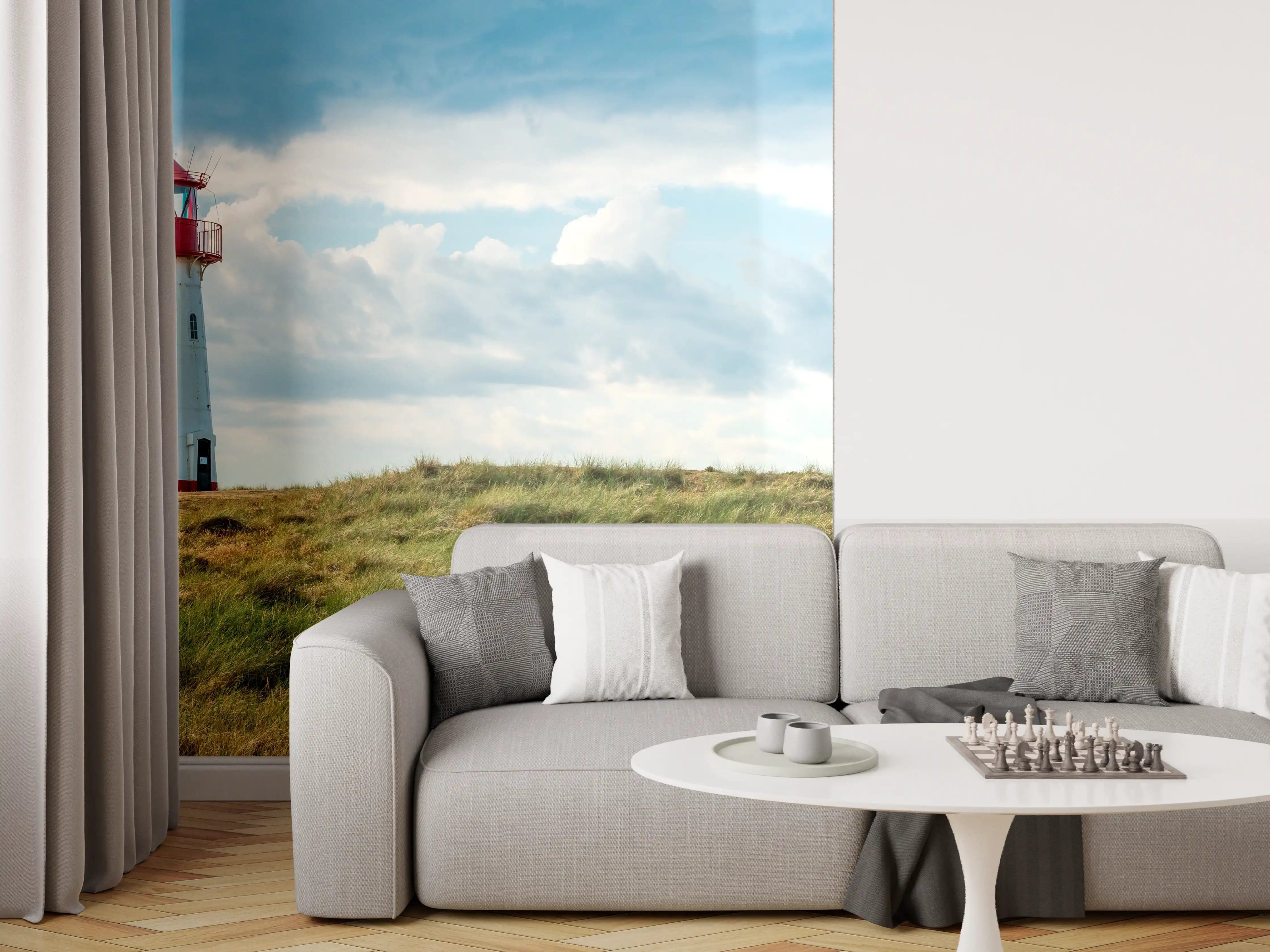 Wandverkleidung Wohnzimmer - Leuchtturm vor dramatischem Himmel