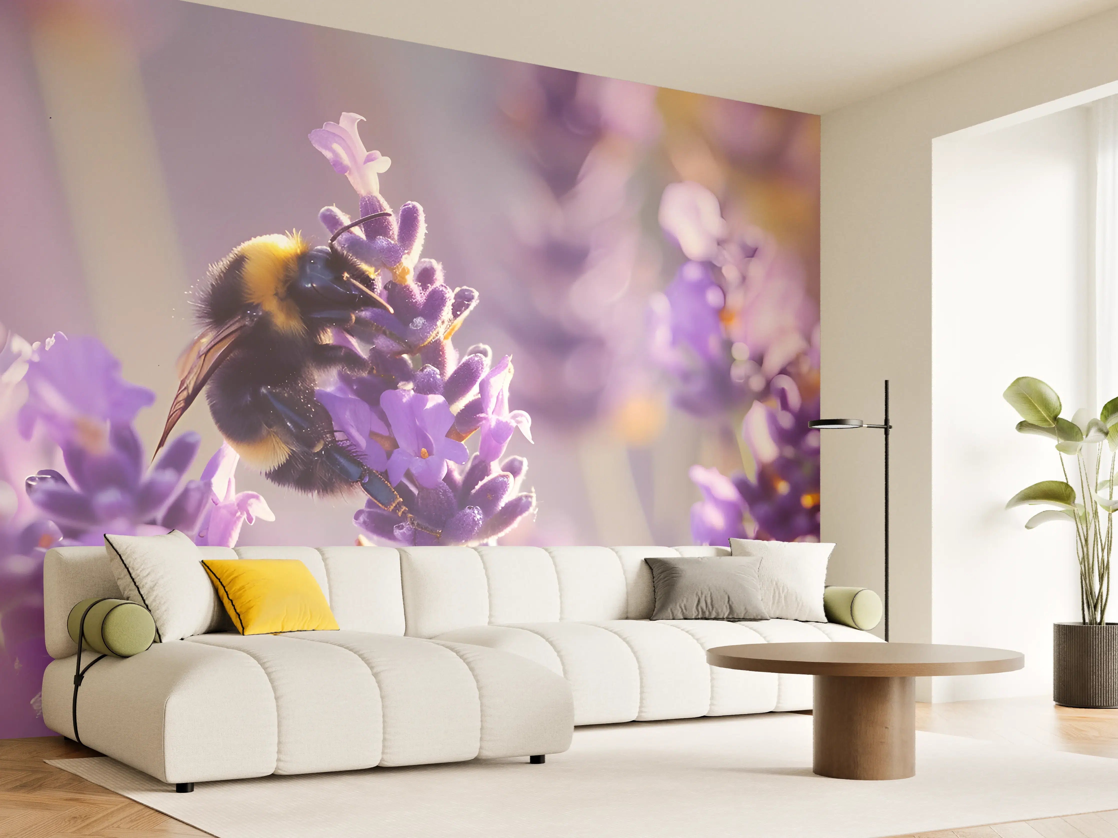 Wandverkleidung Wohnzimmer - Lila Lavendel mit Hummel