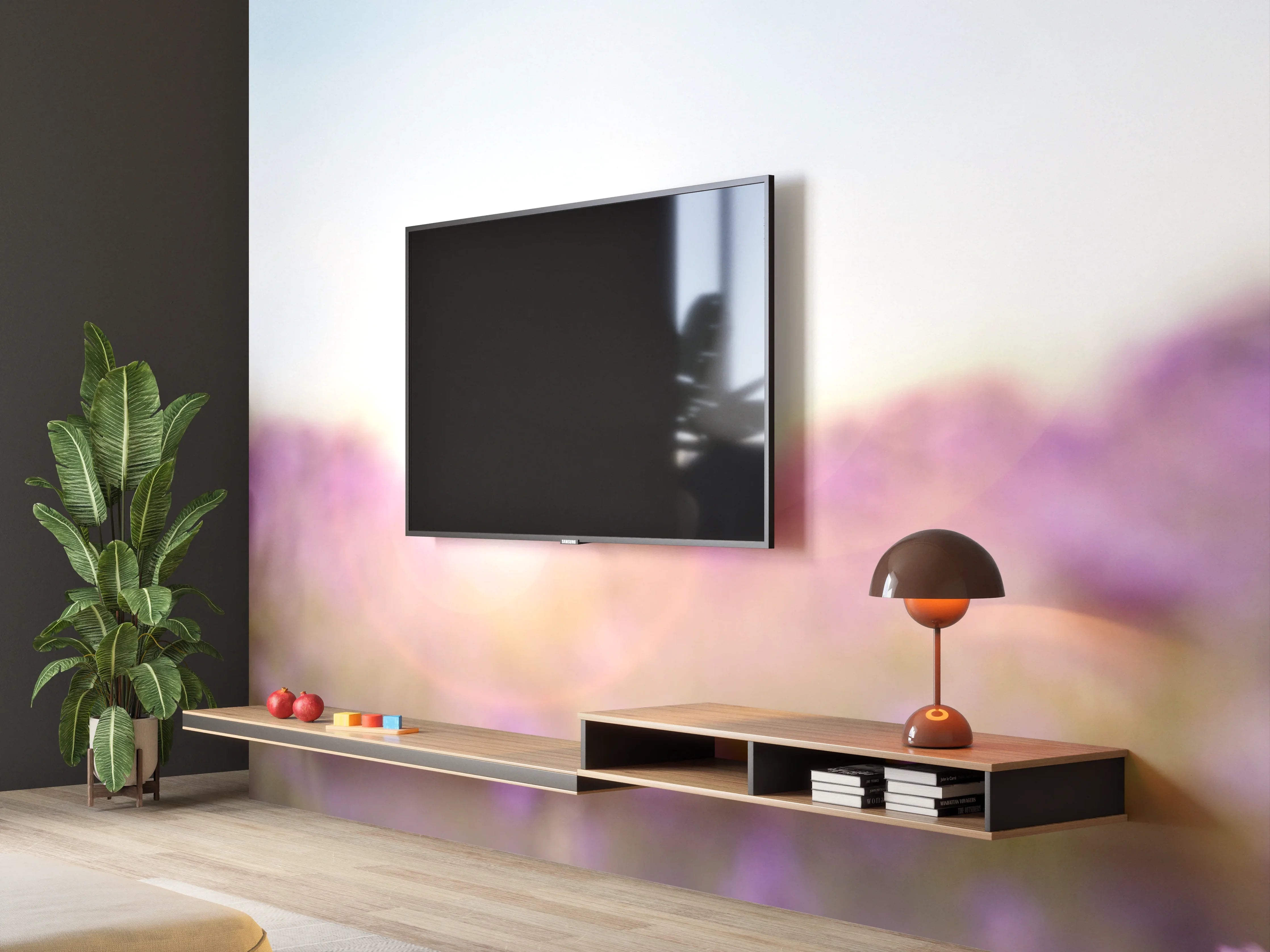Wandverkleidung Wohnzimmer - Lila Lavendelfeld im Morgenlicht