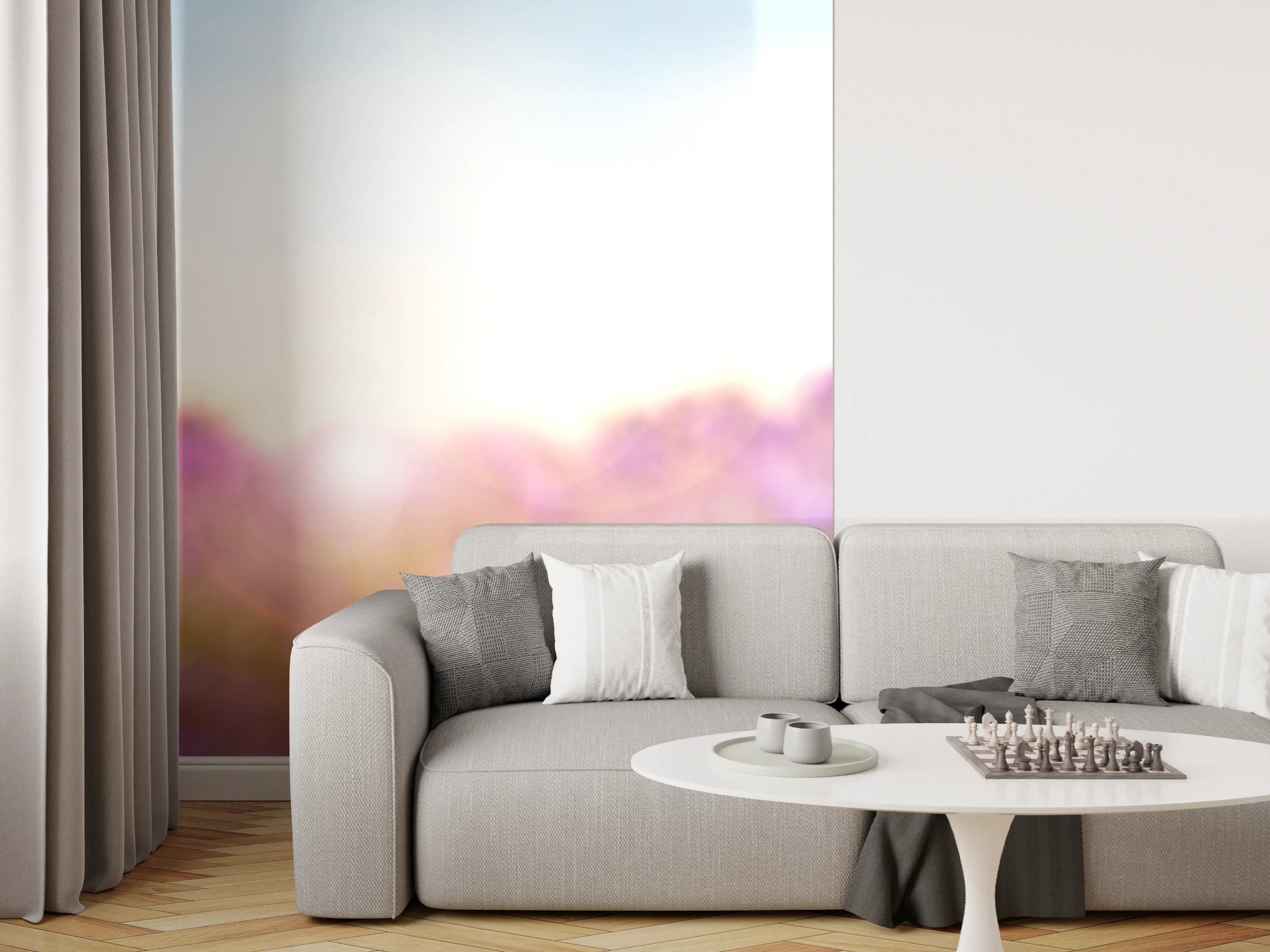 Wandverkleidung Wohnzimmer - Lila Lavendelfeld im Morgenlicht
