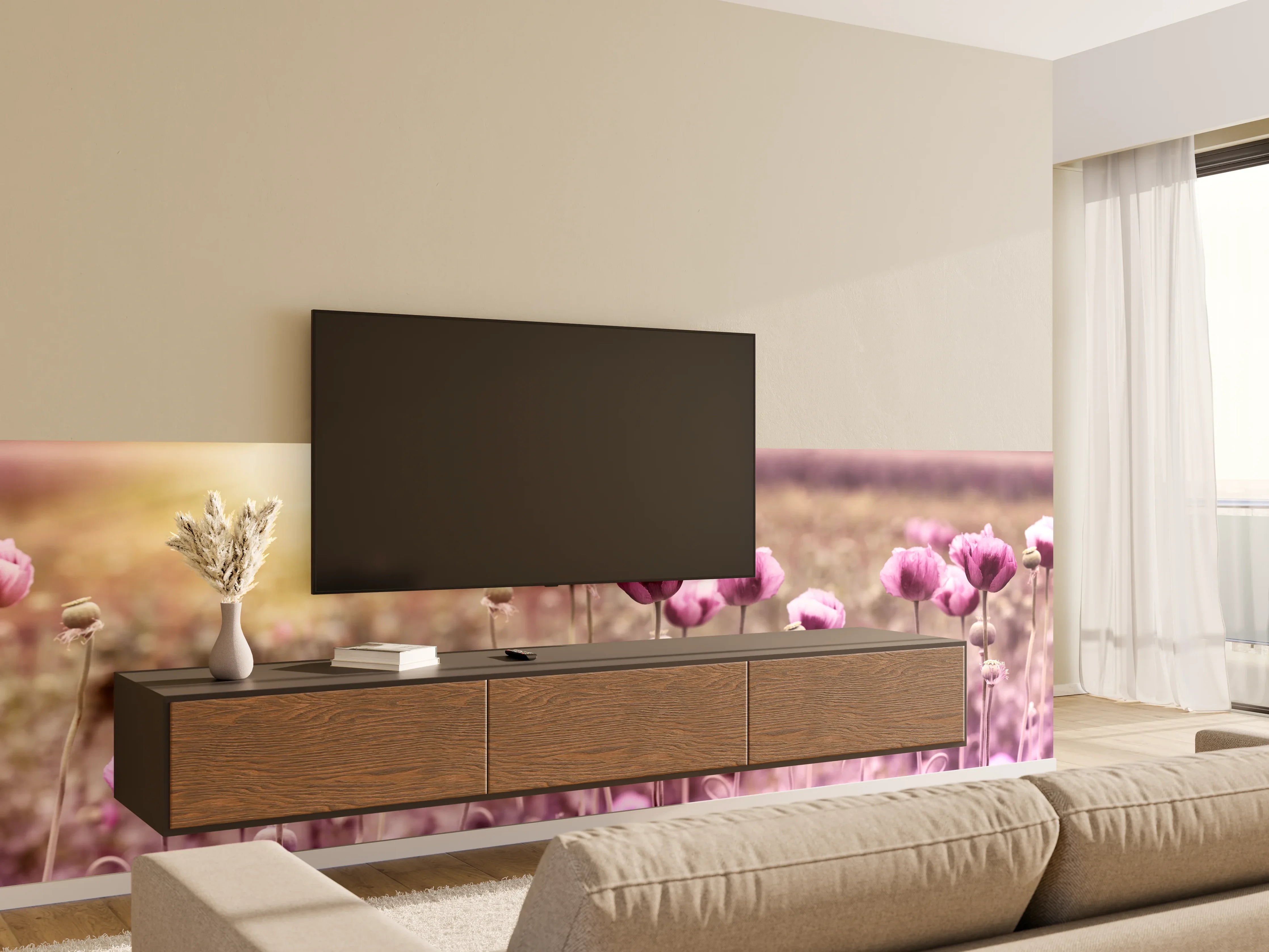 Wandverkleidung Wohnzimmer - Lila Mohnblume