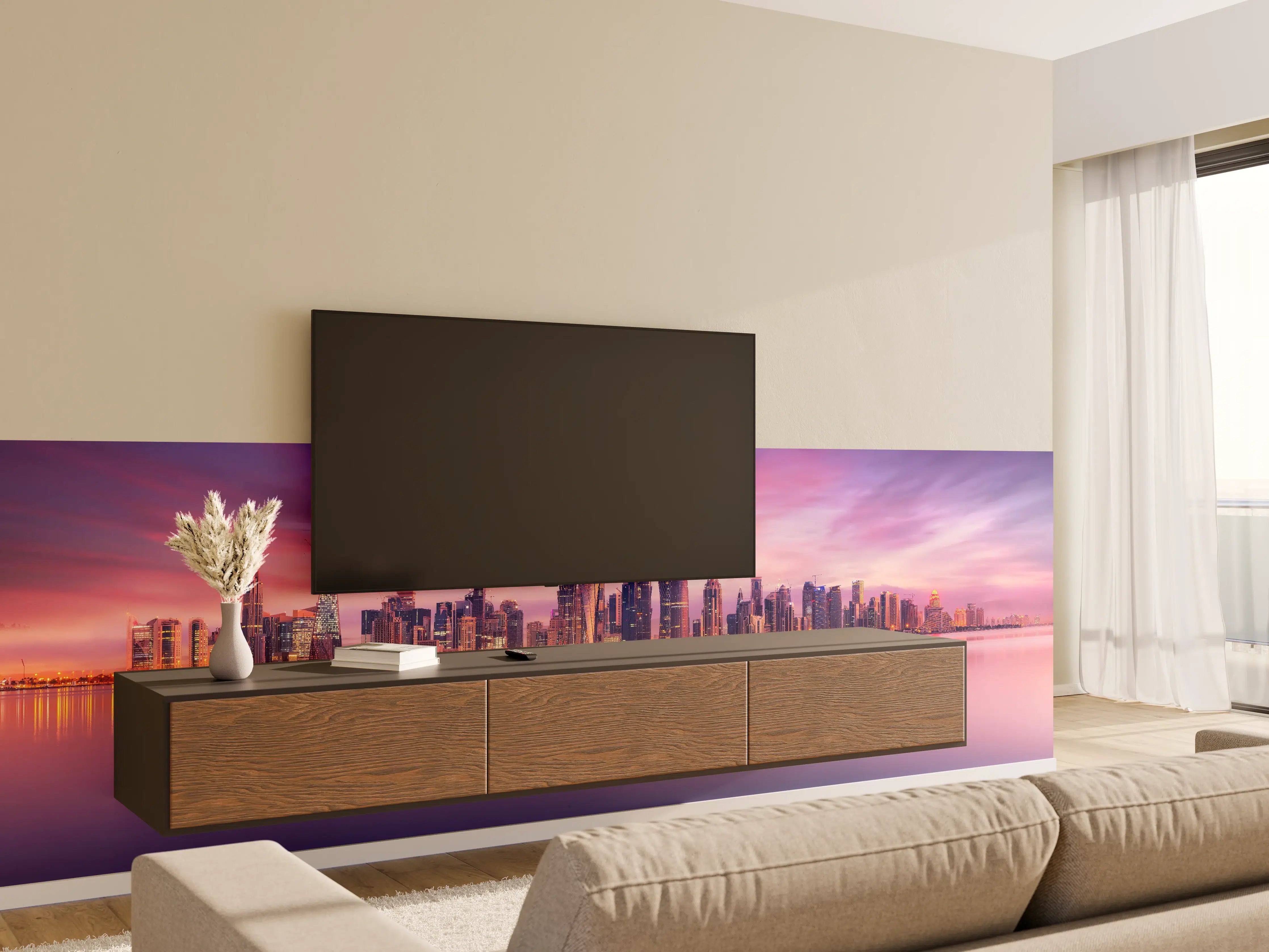 Wandverkleidung Wohnzimmer - Lila-Pink Skyline Panorama