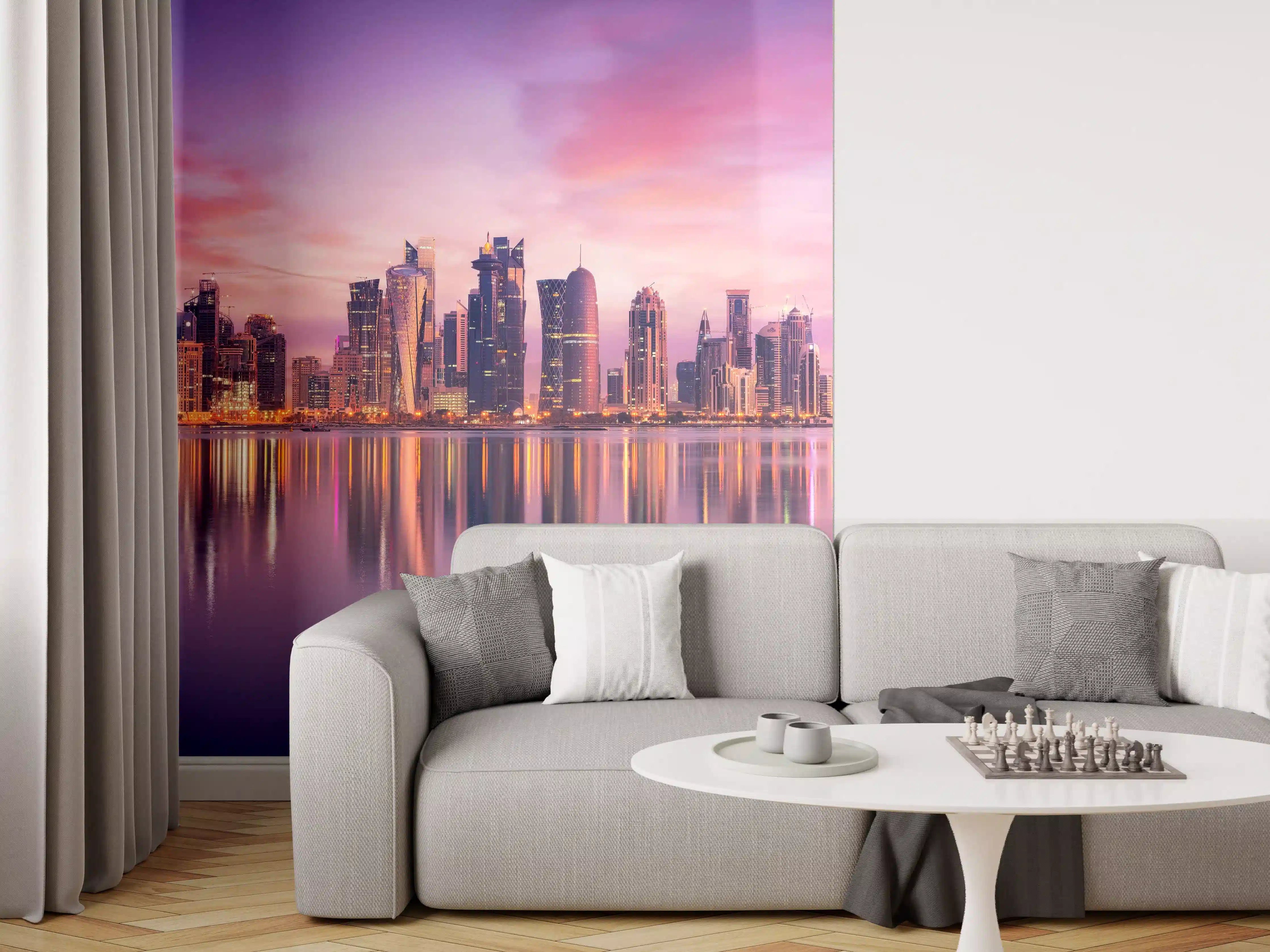 Wandverkleidung Wohnzimmer - Lila-Pink Skyline Panorama