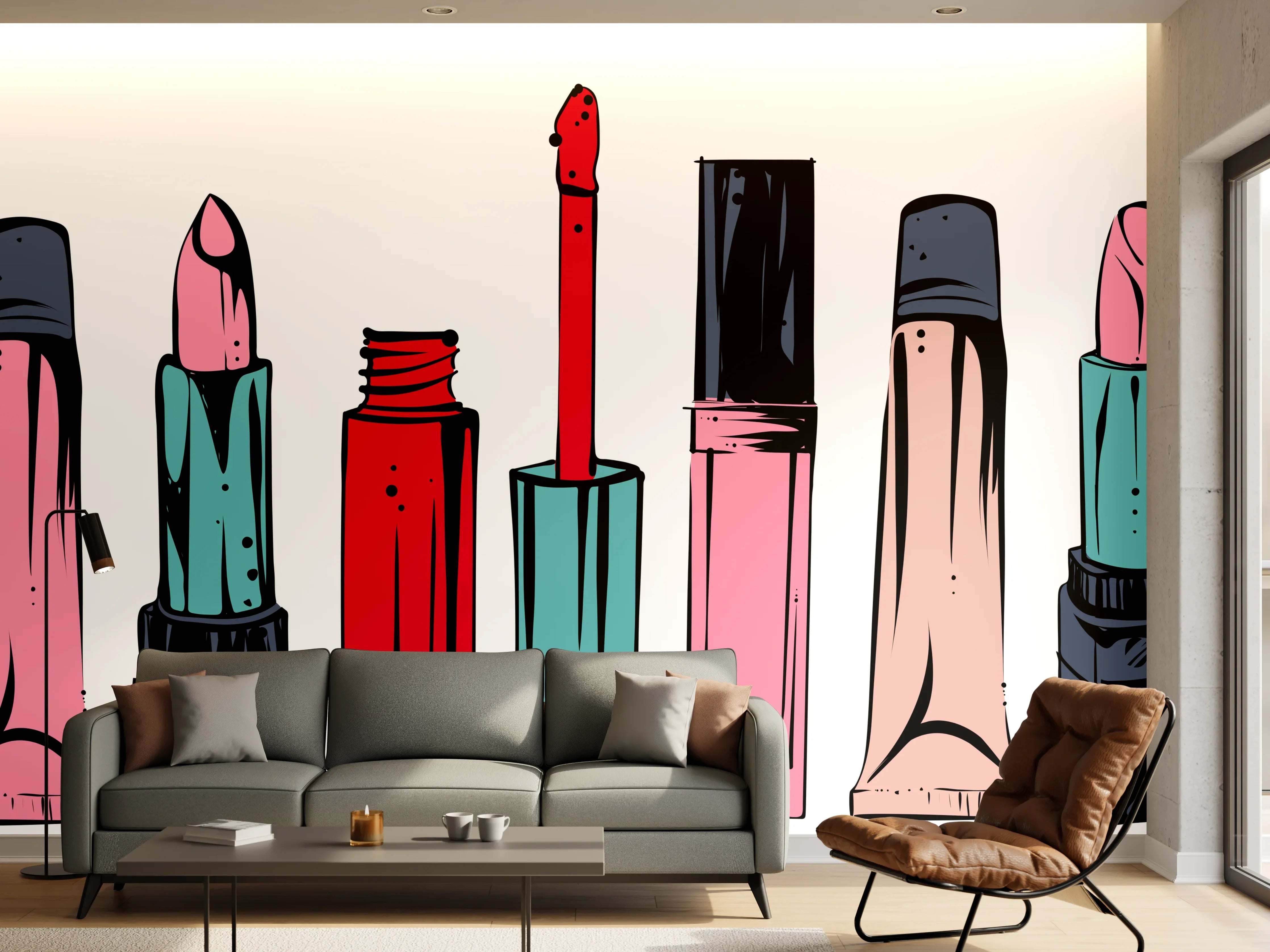 Wandverkleidung Wohnzimmer - Lippenstifte in bunten Farben auf weißem Hintergrund