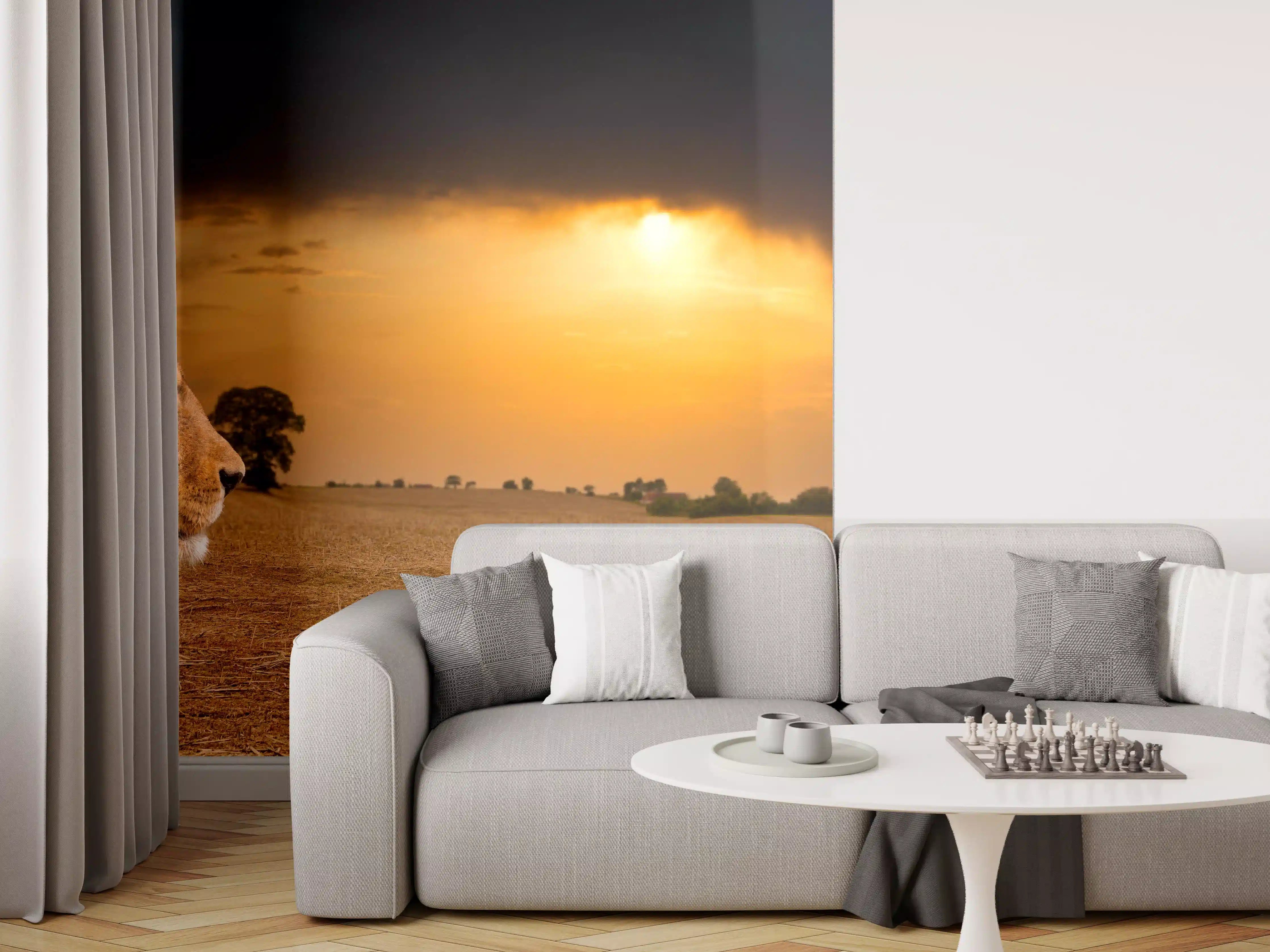 Wandverkleidung Wohnzimmer - Löwe in Steppe im Sonnenuntergang
