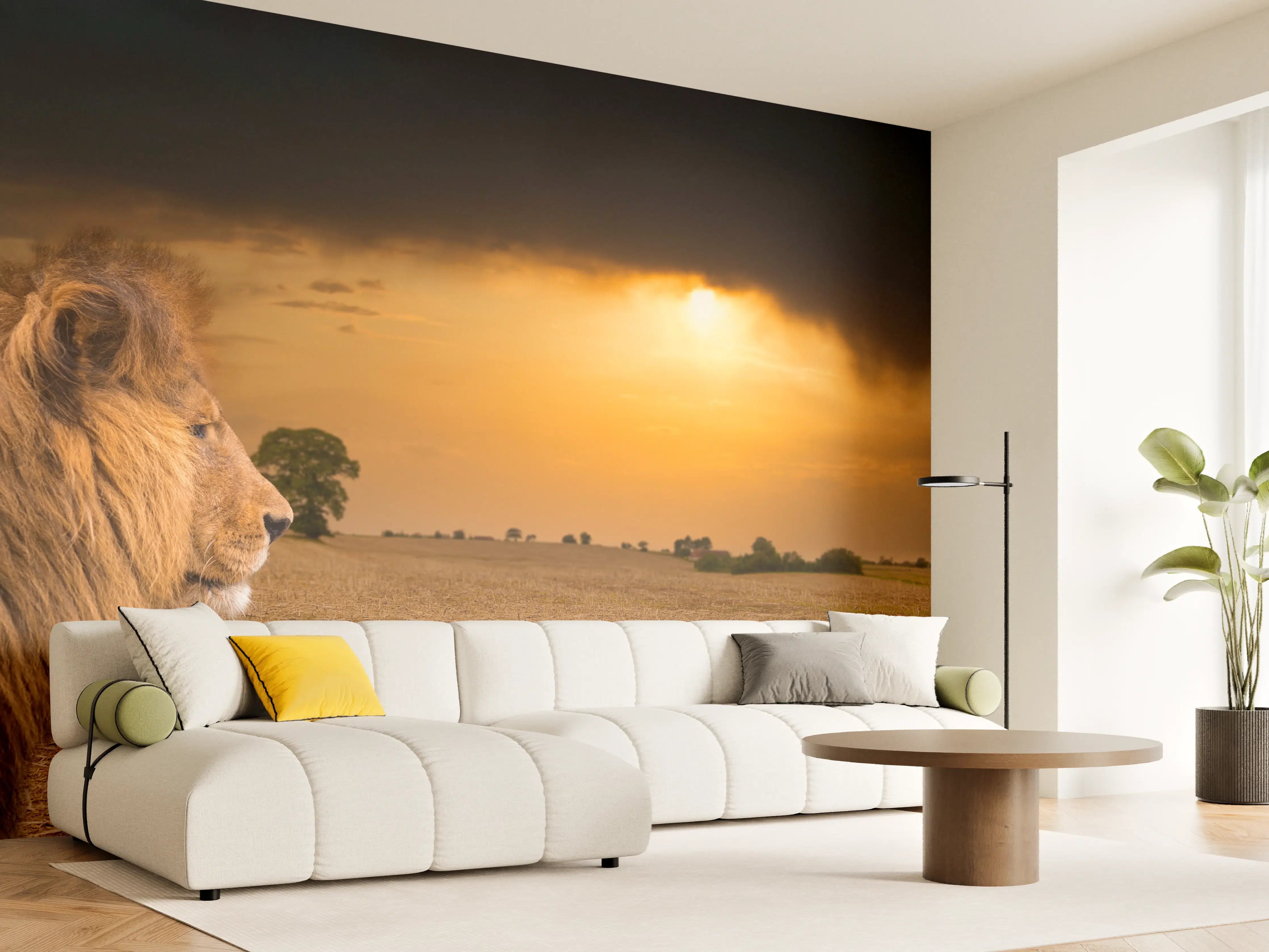 Wandverkleidung Wohnzimmer - Löwe in Steppe im Sonnenuntergang