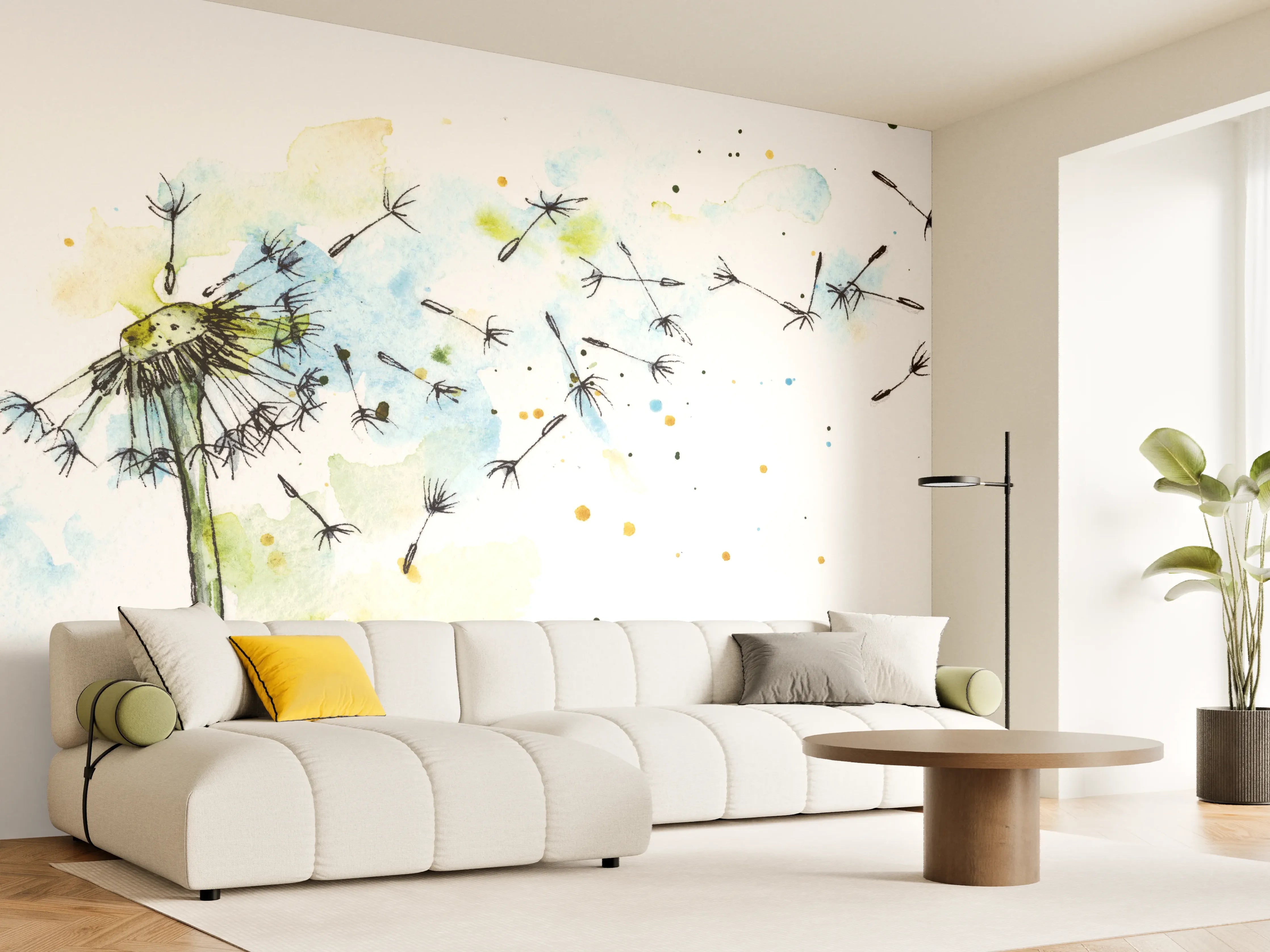 Wandverkleidung Wohnzimmer - Löwenzahn Aquarell