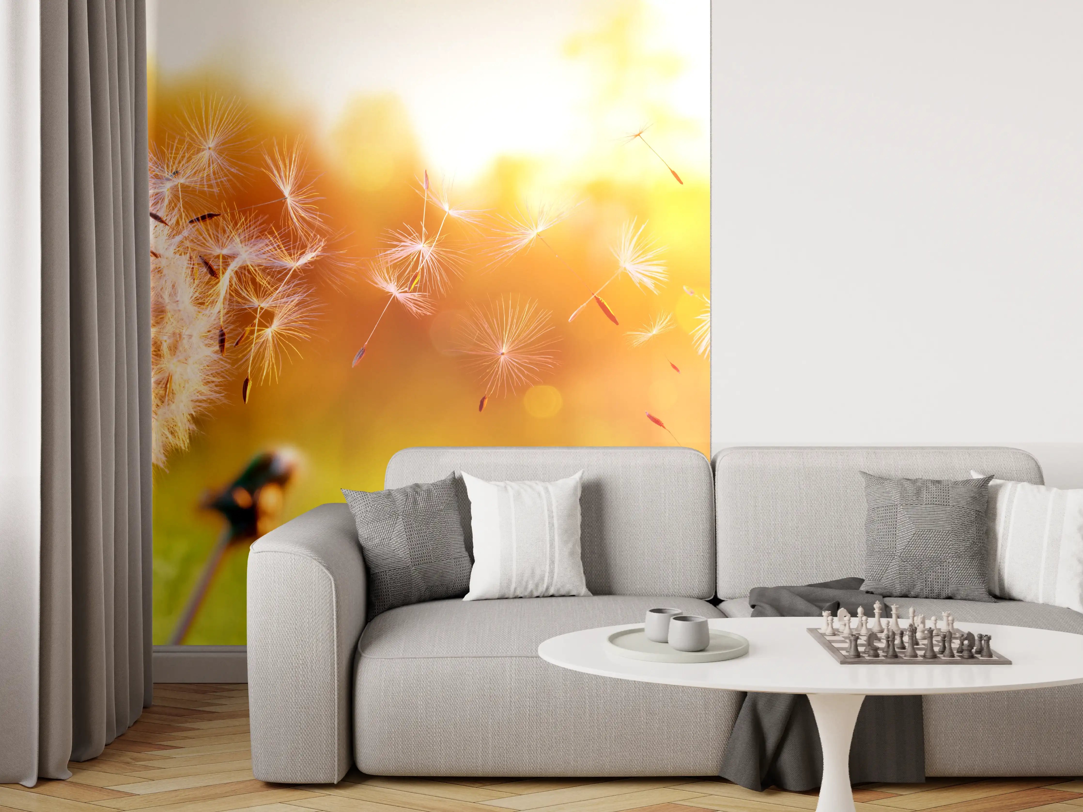 Wandverkleidung Wohnzimmer - Löwenzahn im Feld bei Sonnenuntergang