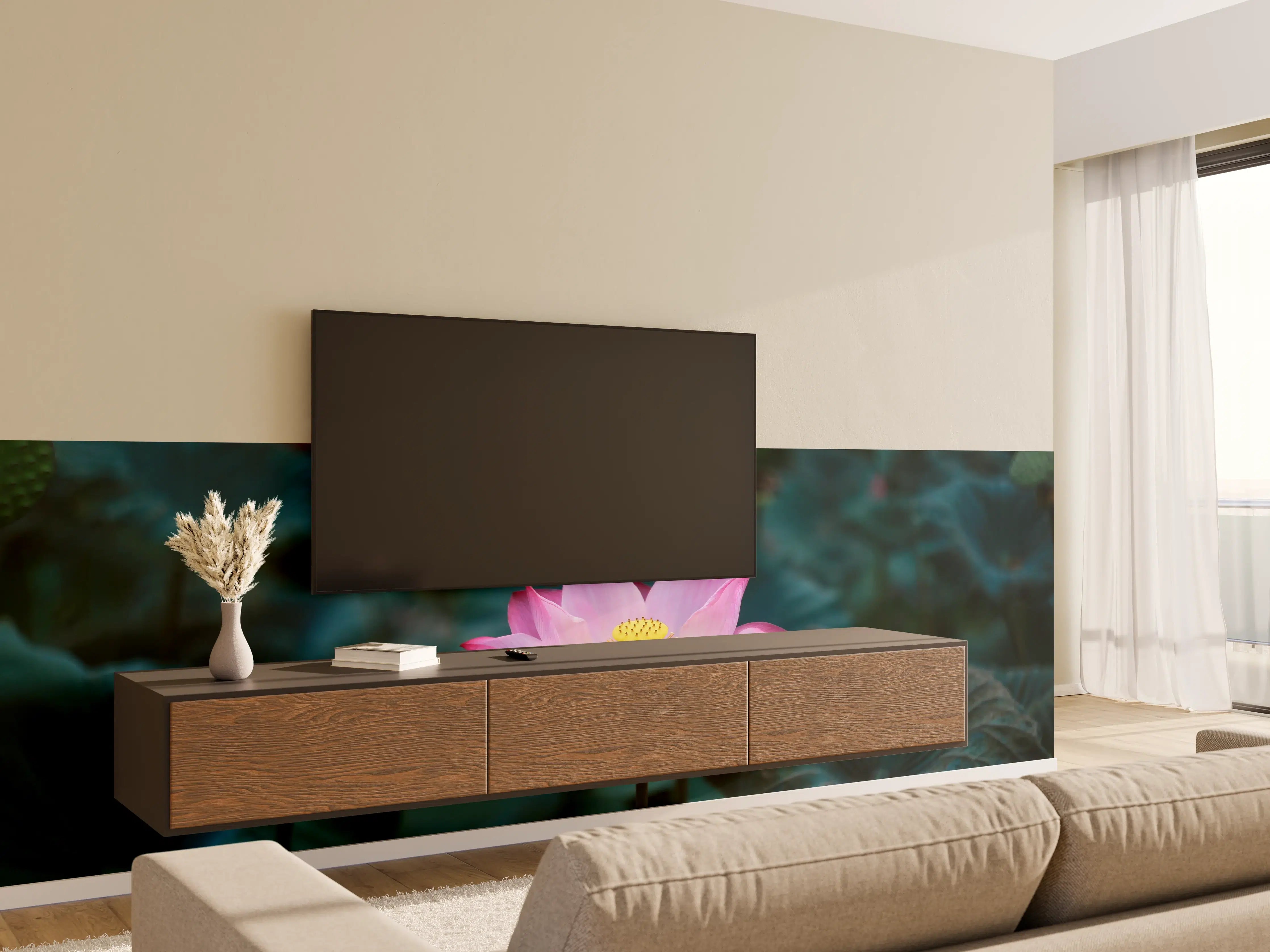 Wandverkleidung Wohnzimmer - Lotosblume im Garten