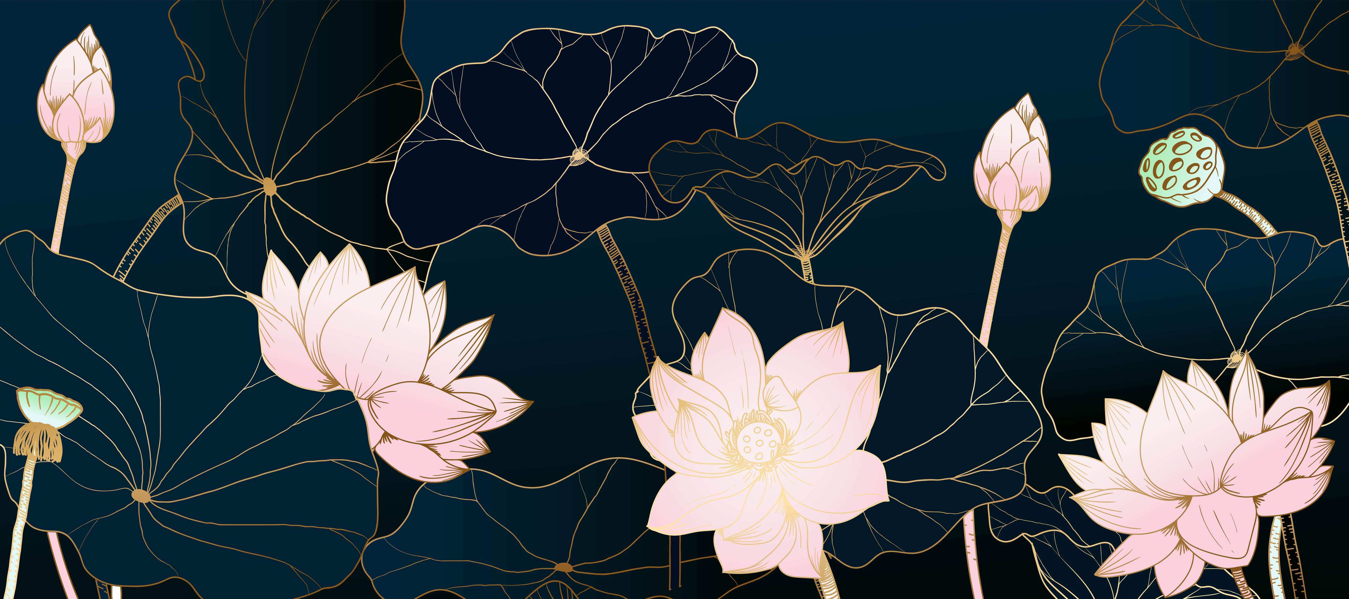 Wandverkleidung Wohnzimmer-Lotusblüten Nachtblau Illustration