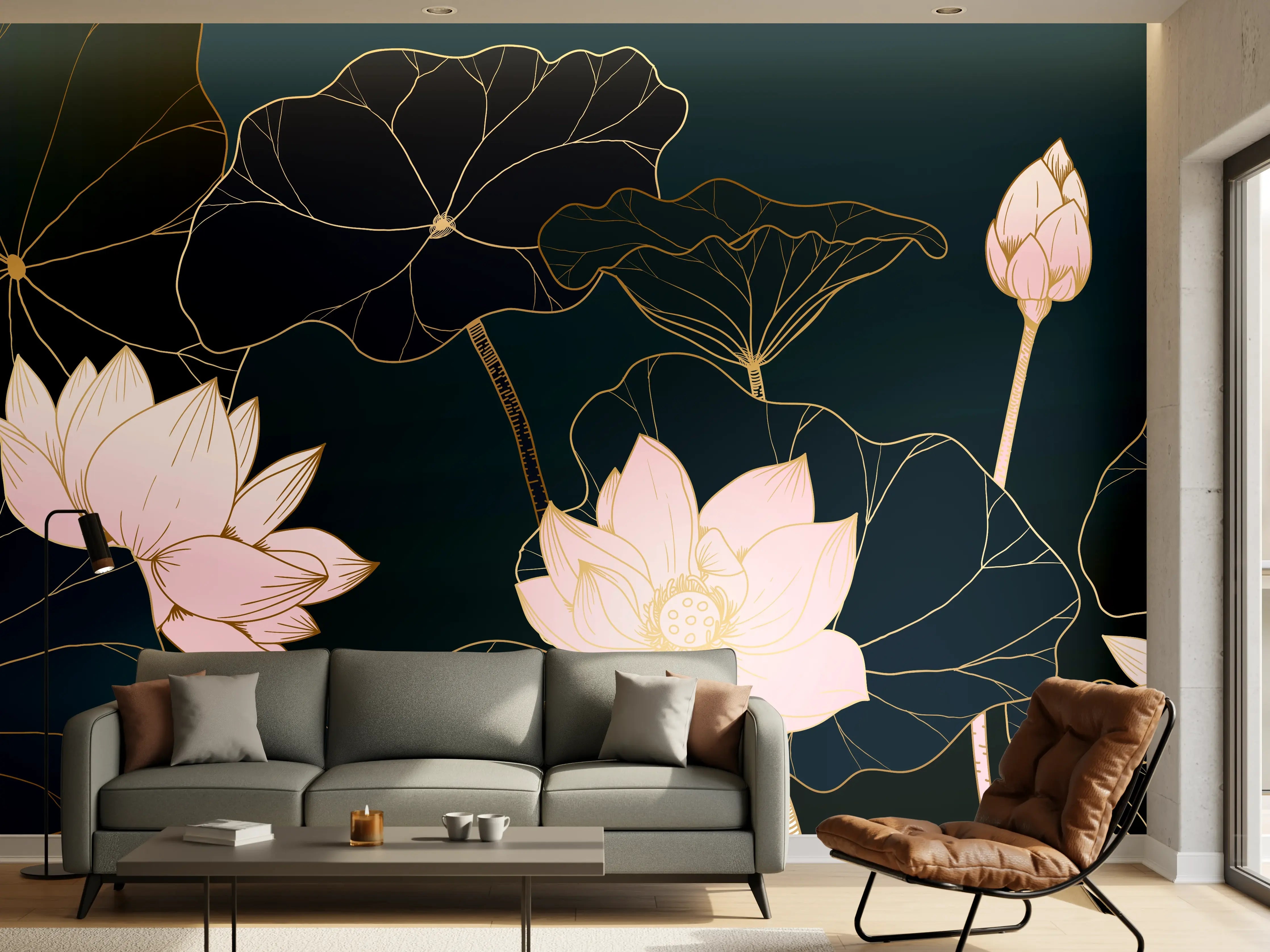 Wandverkleidung Wohnzimmer - Lotusblüten Nachtblau Illustration