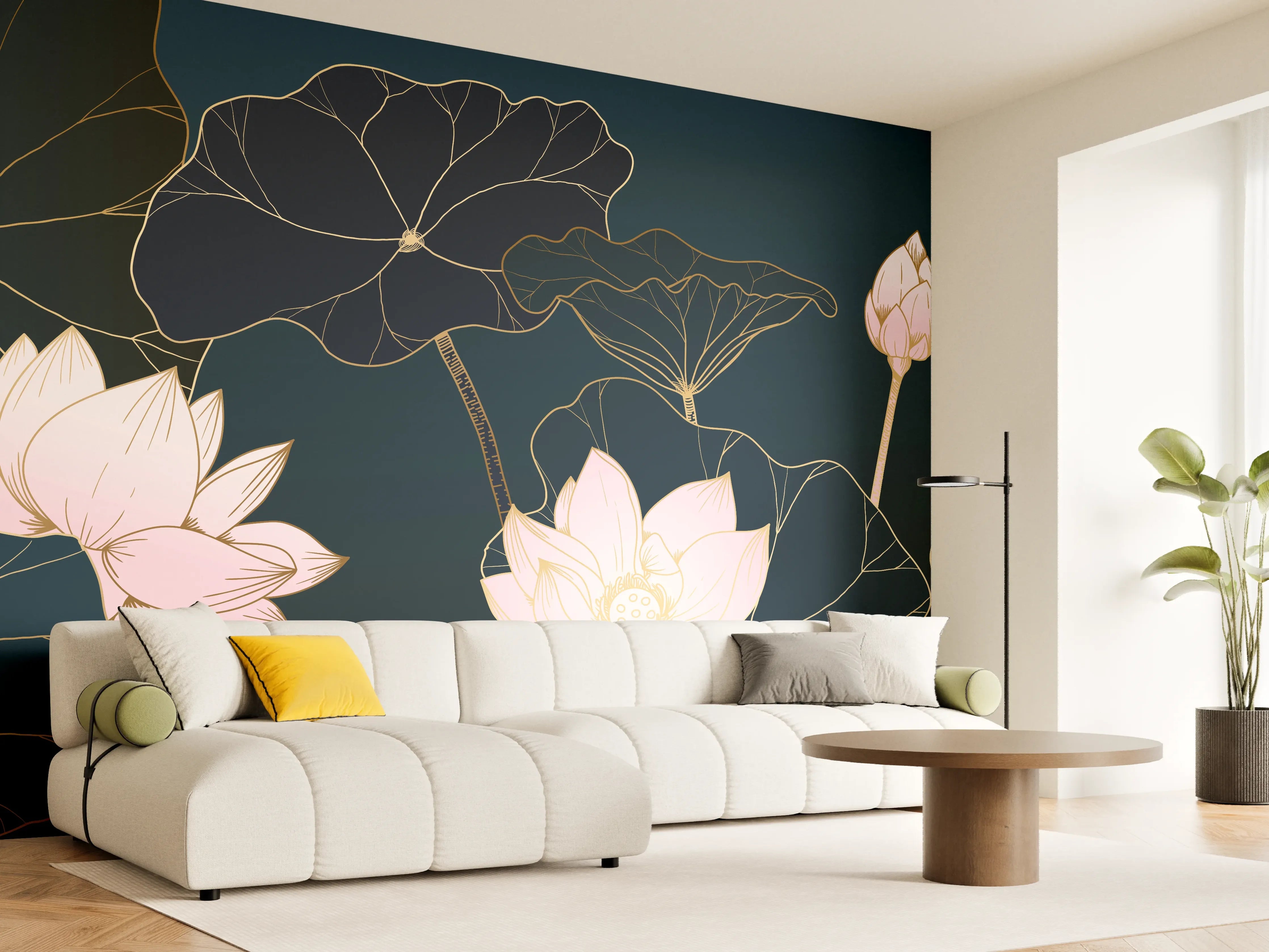 Wandverkleidung Wohnzimmer - Lotusblüten Nachtblau Illustration