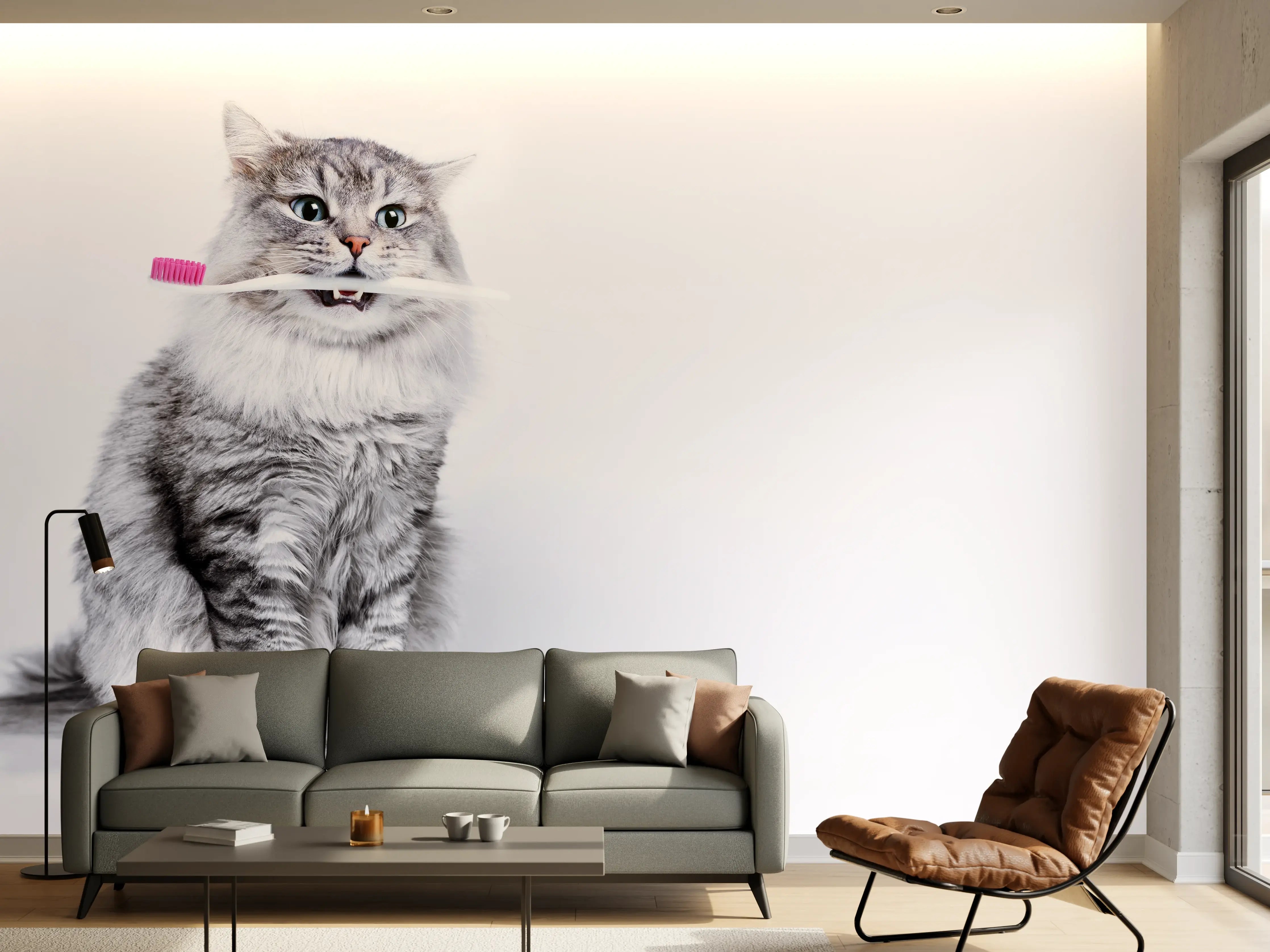 Wandverkleidung Wohnzimmer - Lustige Katze mit Zahnbürste