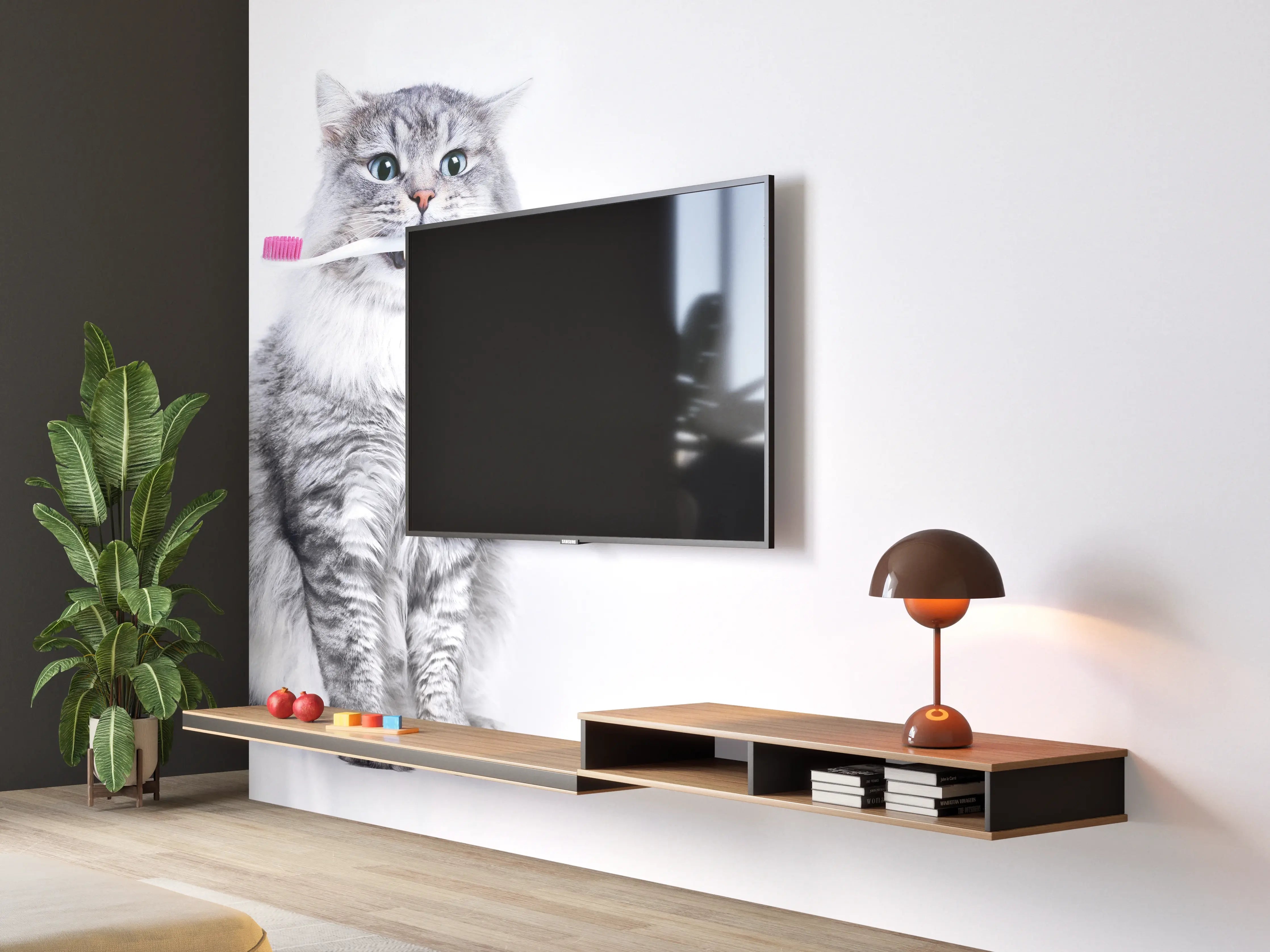 Wandverkleidung Wohnzimmer - Lustige Katze mit Zahnbürste