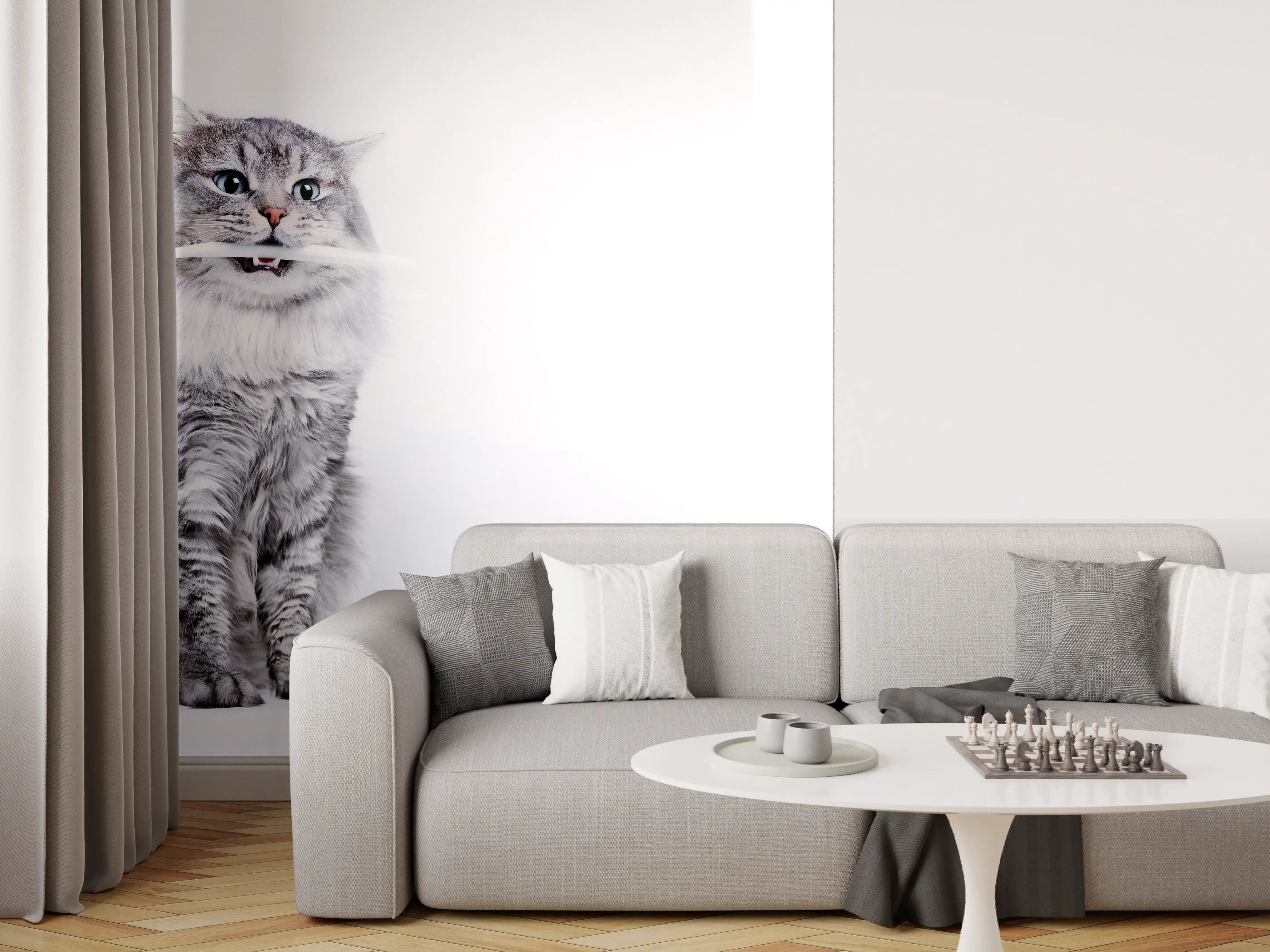 Wandverkleidung Wohnzimmer - Lustige Katze mit Zahnbürste