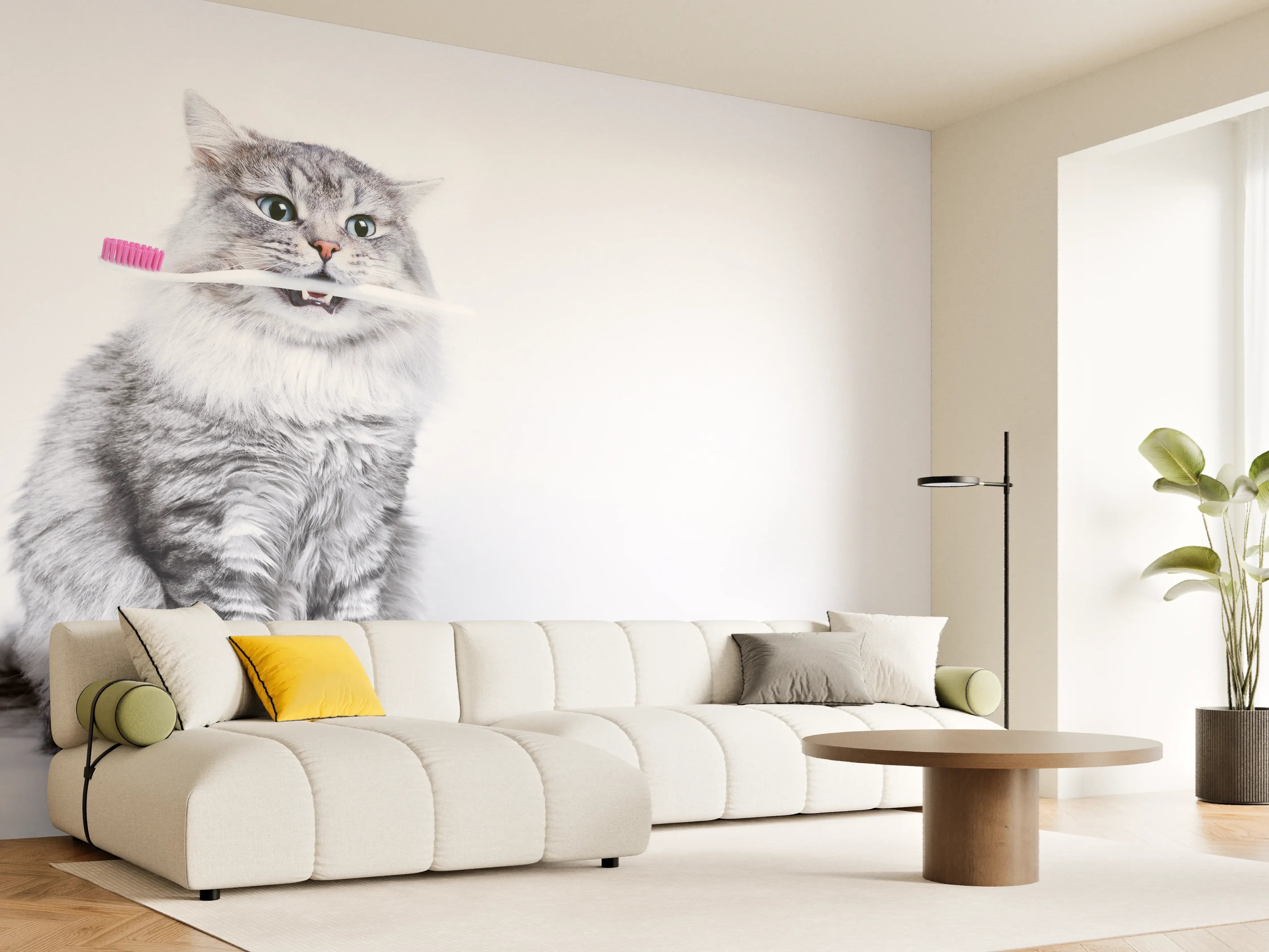 Wandverkleidung Wohnzimmer - Lustige Katze mit Zahnbürste