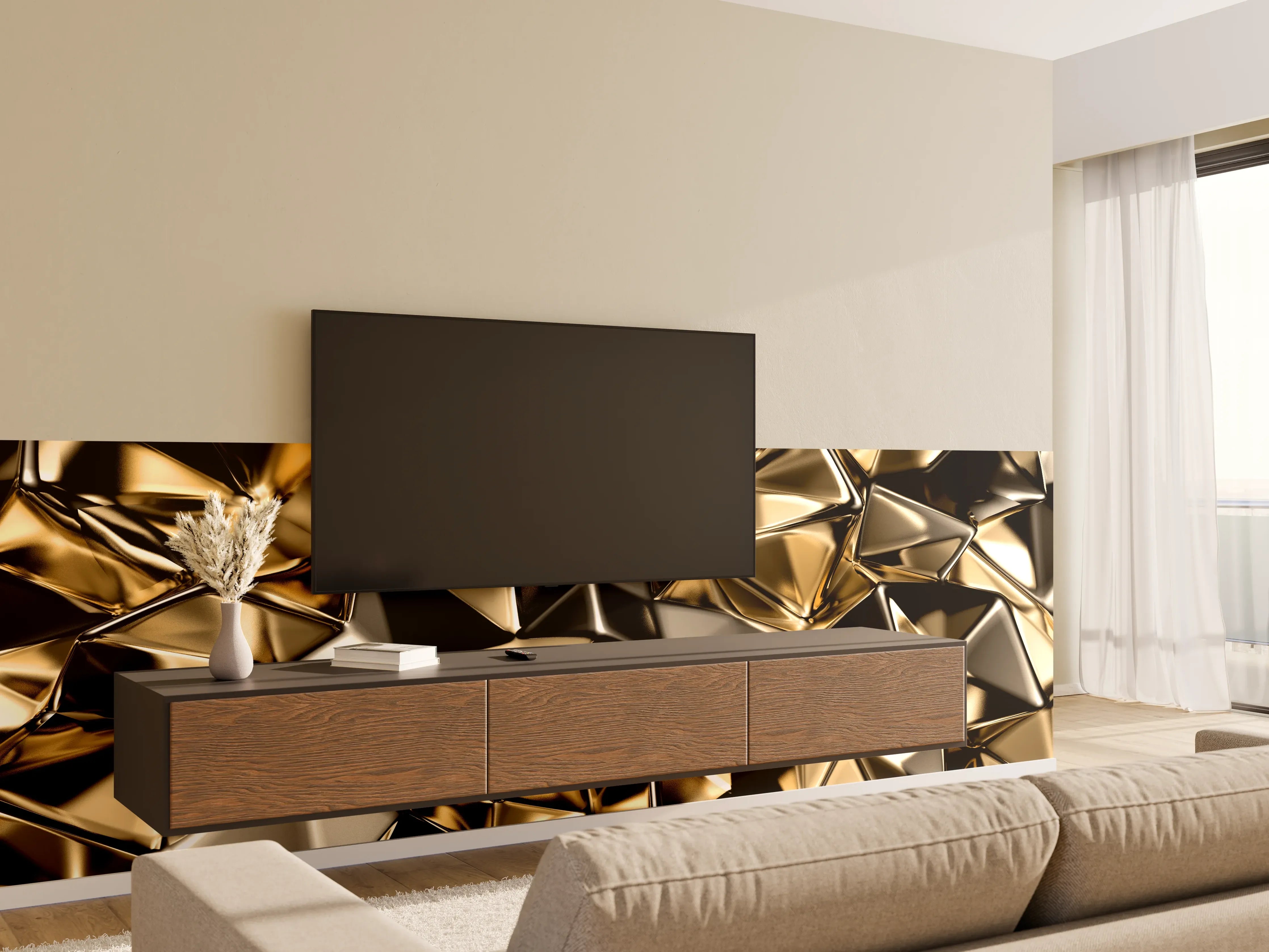 Wandverkleidung Wohnzimmer - Luxuriöser Gold-Kupfer-Effekt trifft moderne Eleganz