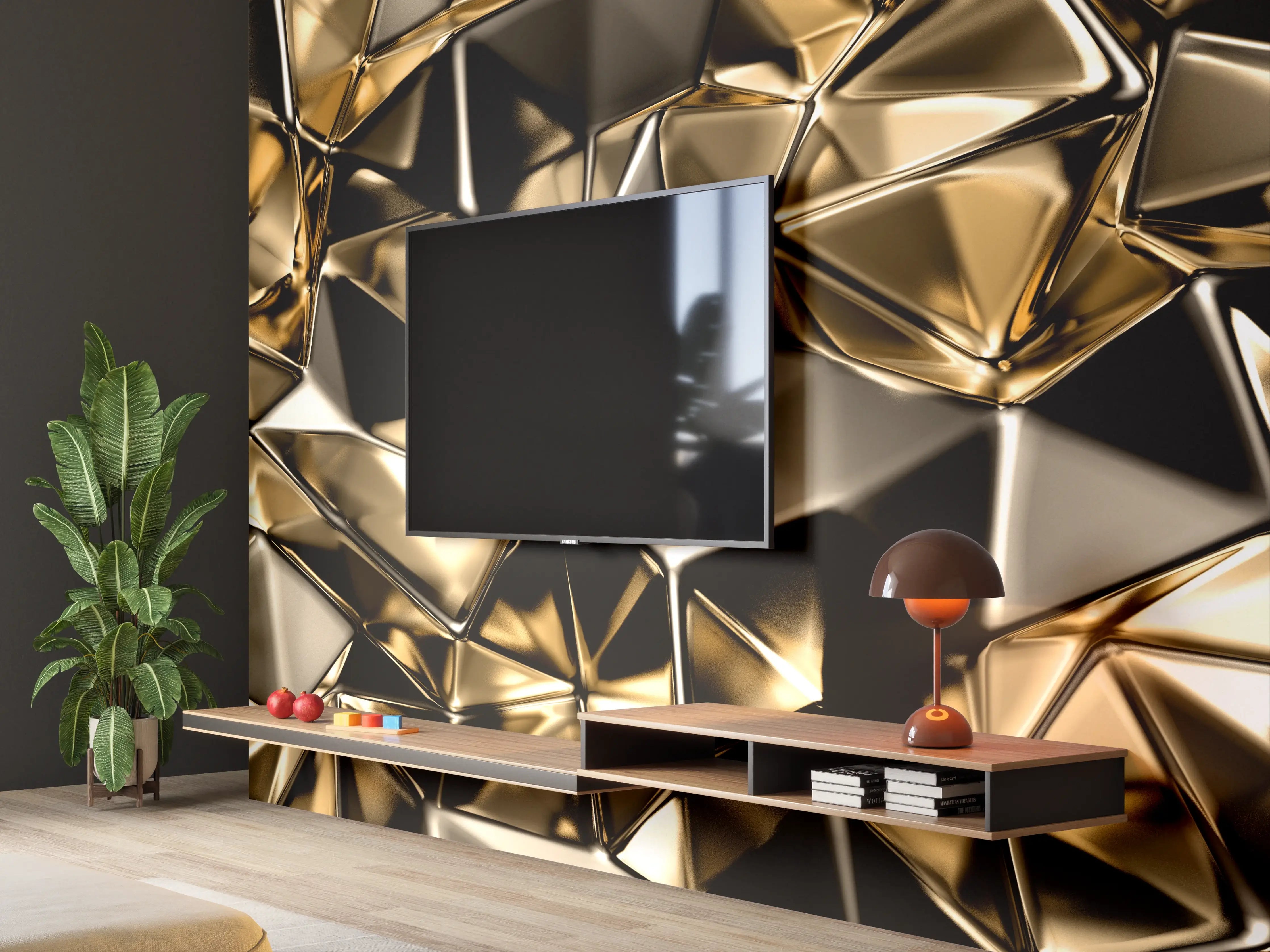 Wandverkleidung Wohnzimmer - Luxuriöser Gold-Kupfer-Effekt trifft moderne Eleganz