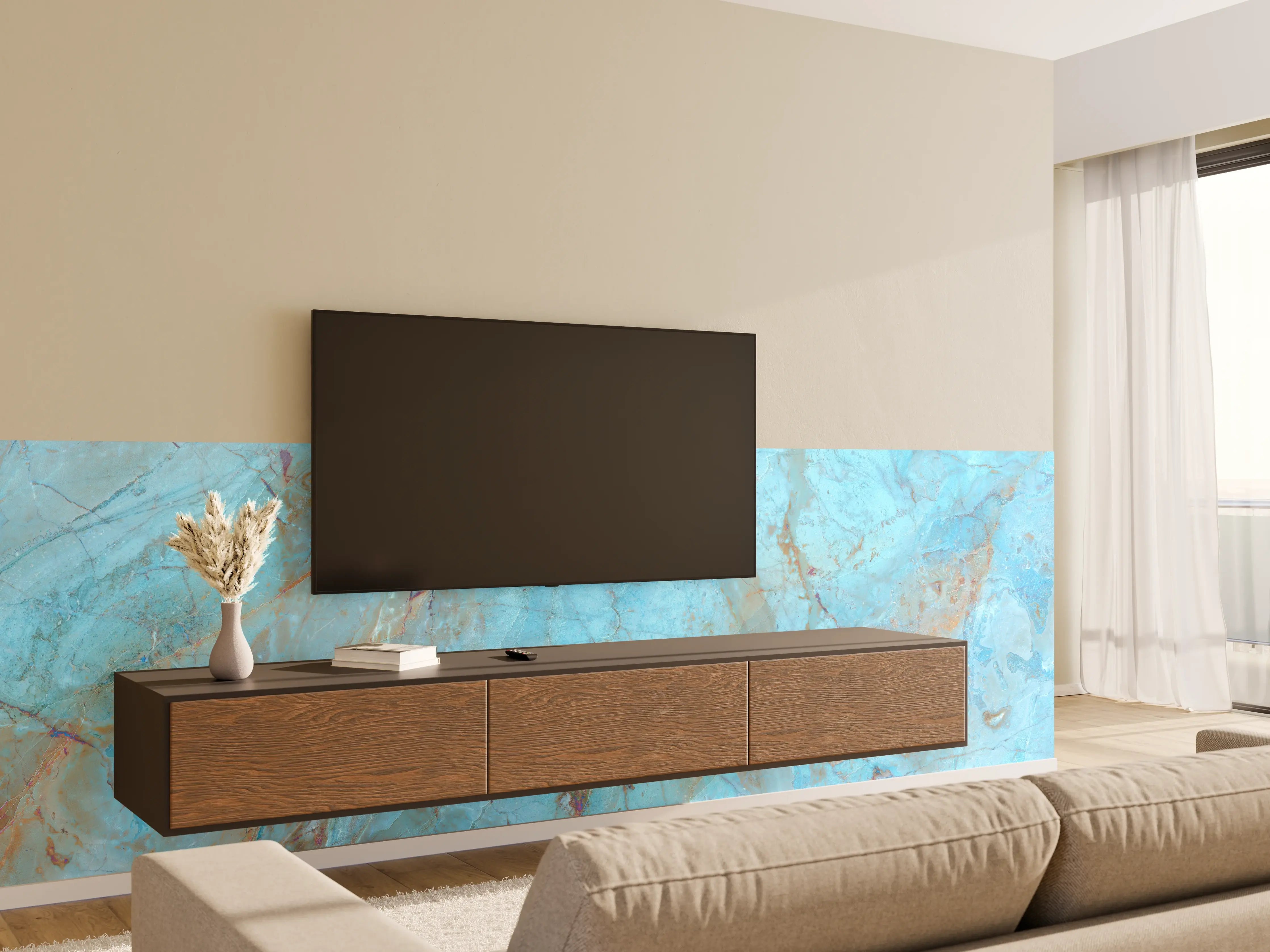 Wandverkleidung Wohnzimmer - Luxuriöser Onyxmarmor in Aqua Tone