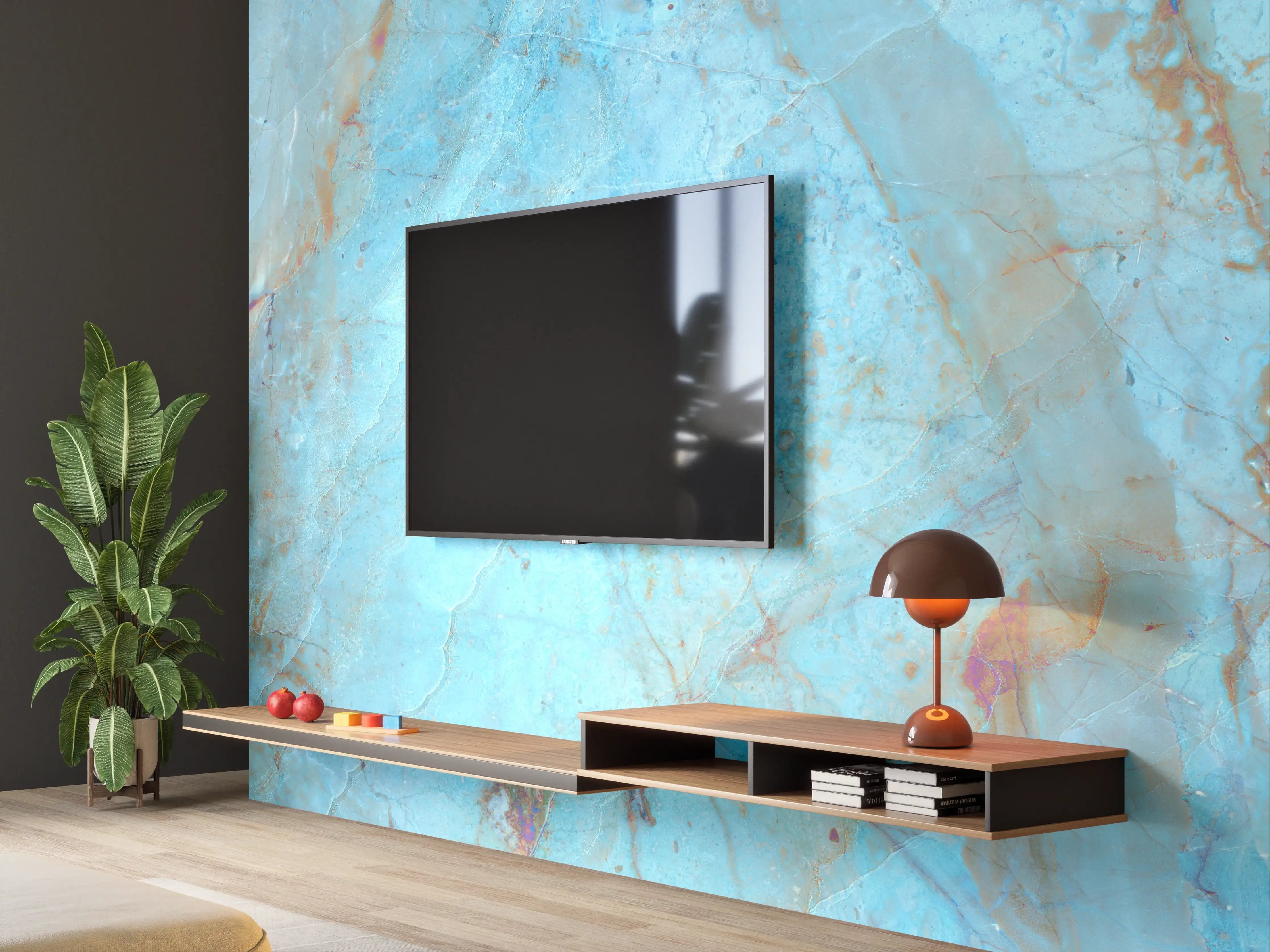Wandverkleidung Wohnzimmer - Luxuriöser Onyxmarmor in Aqua Tone