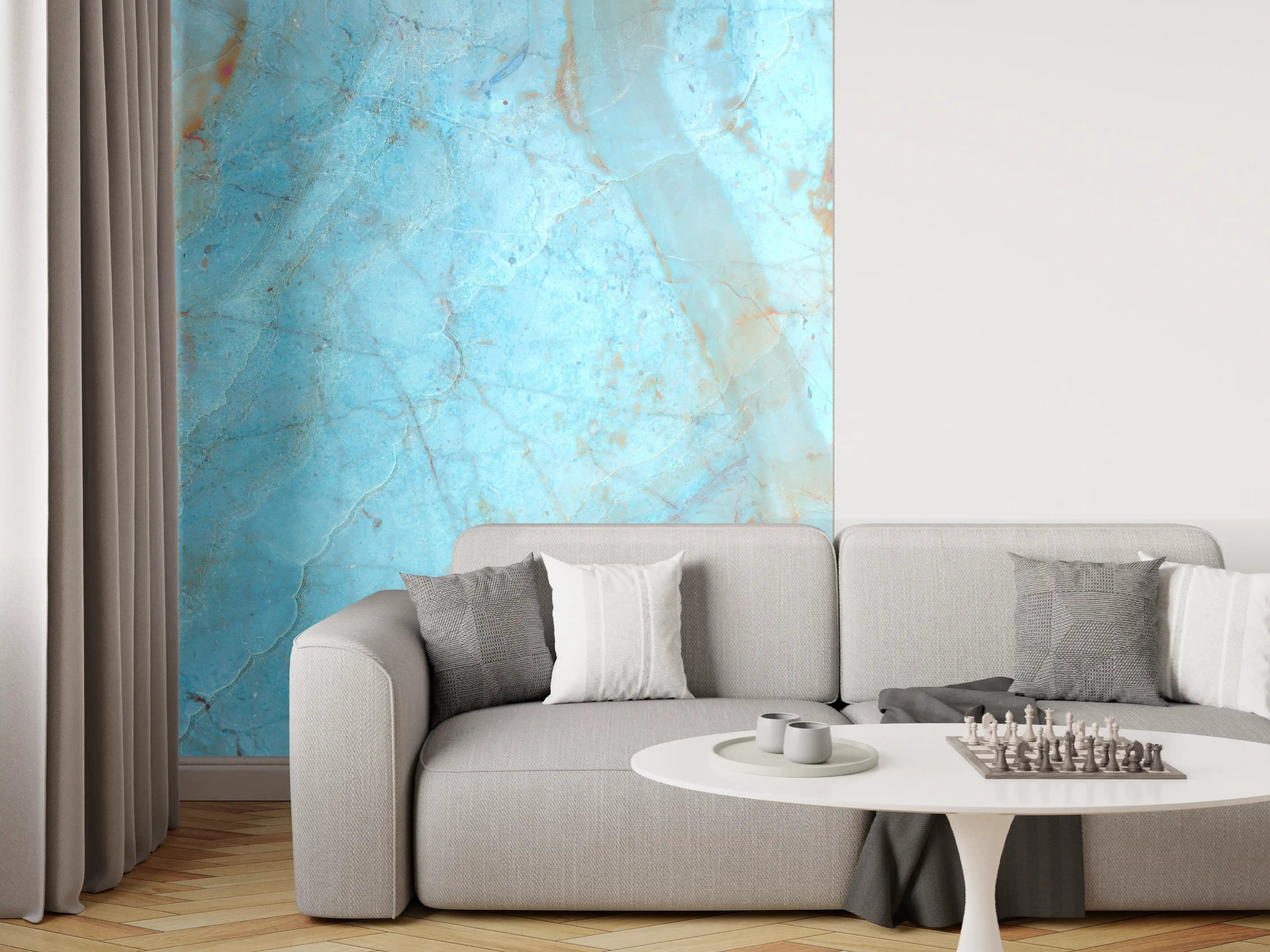 Wandverkleidung Wohnzimmer - Luxuriöser Onyxmarmor in Aqua Tone