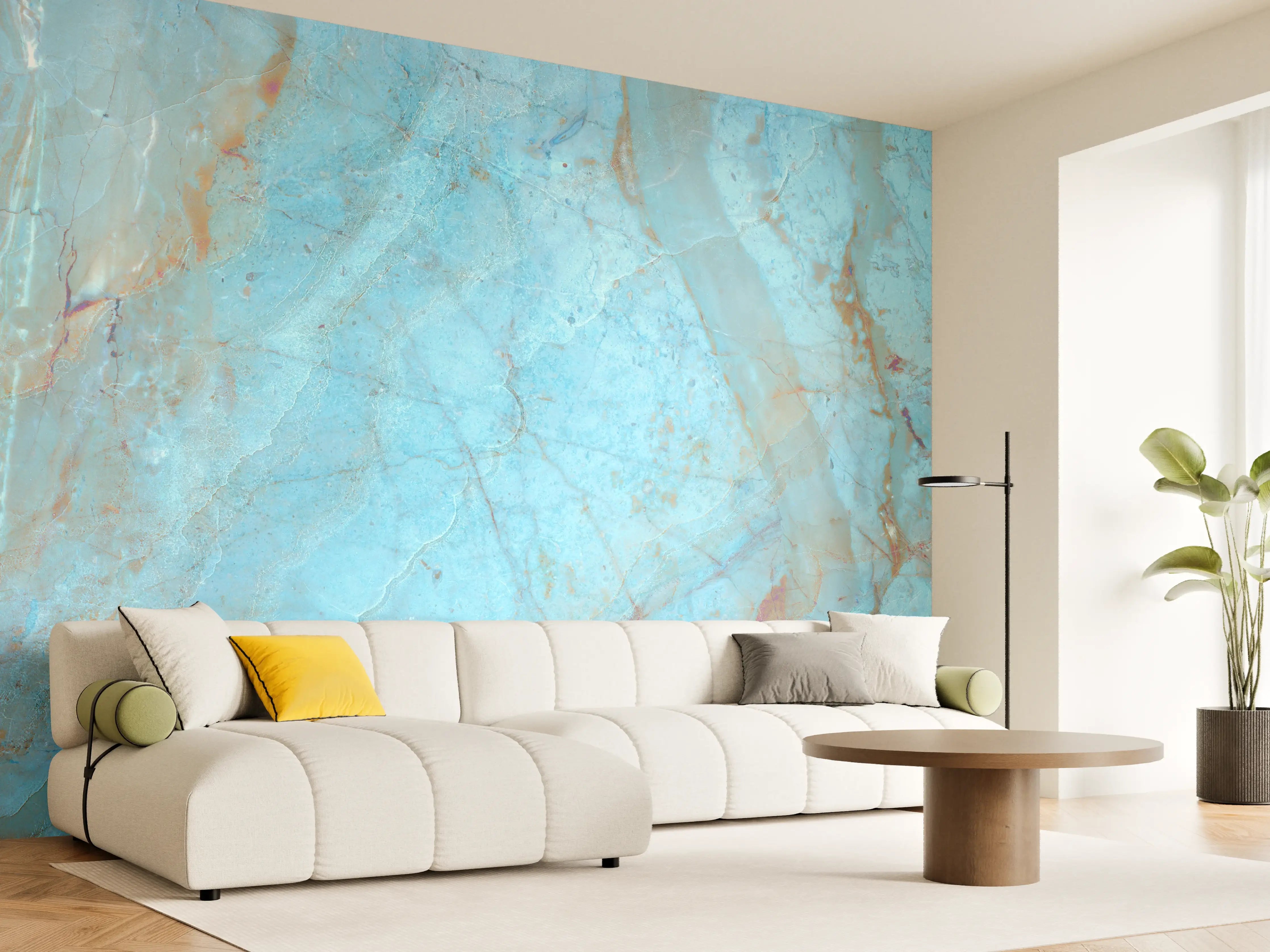 Wandverkleidung Wohnzimmer - Luxuriöser Onyxmarmor in Aqua Tone
