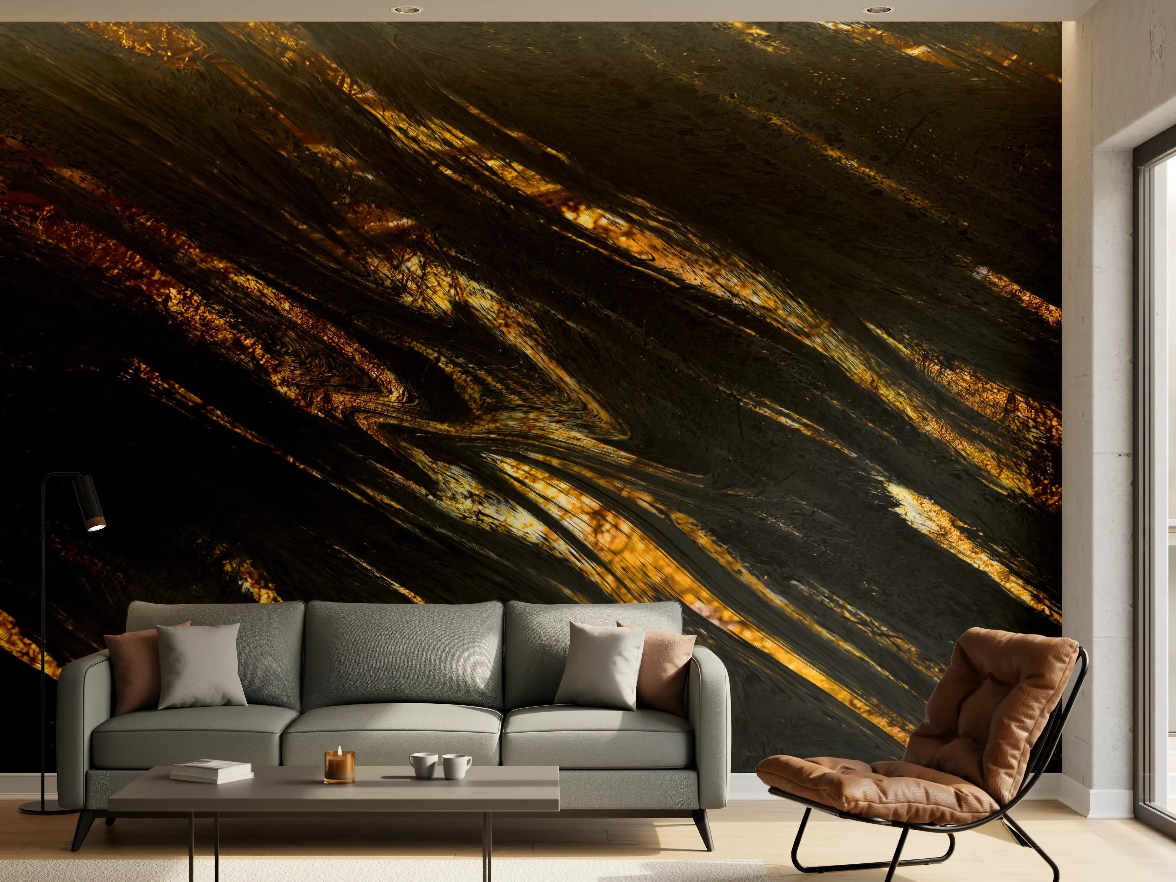 Wandverkleidung Wohnzimmer - Luxus Gold Marmor-Holz Textur