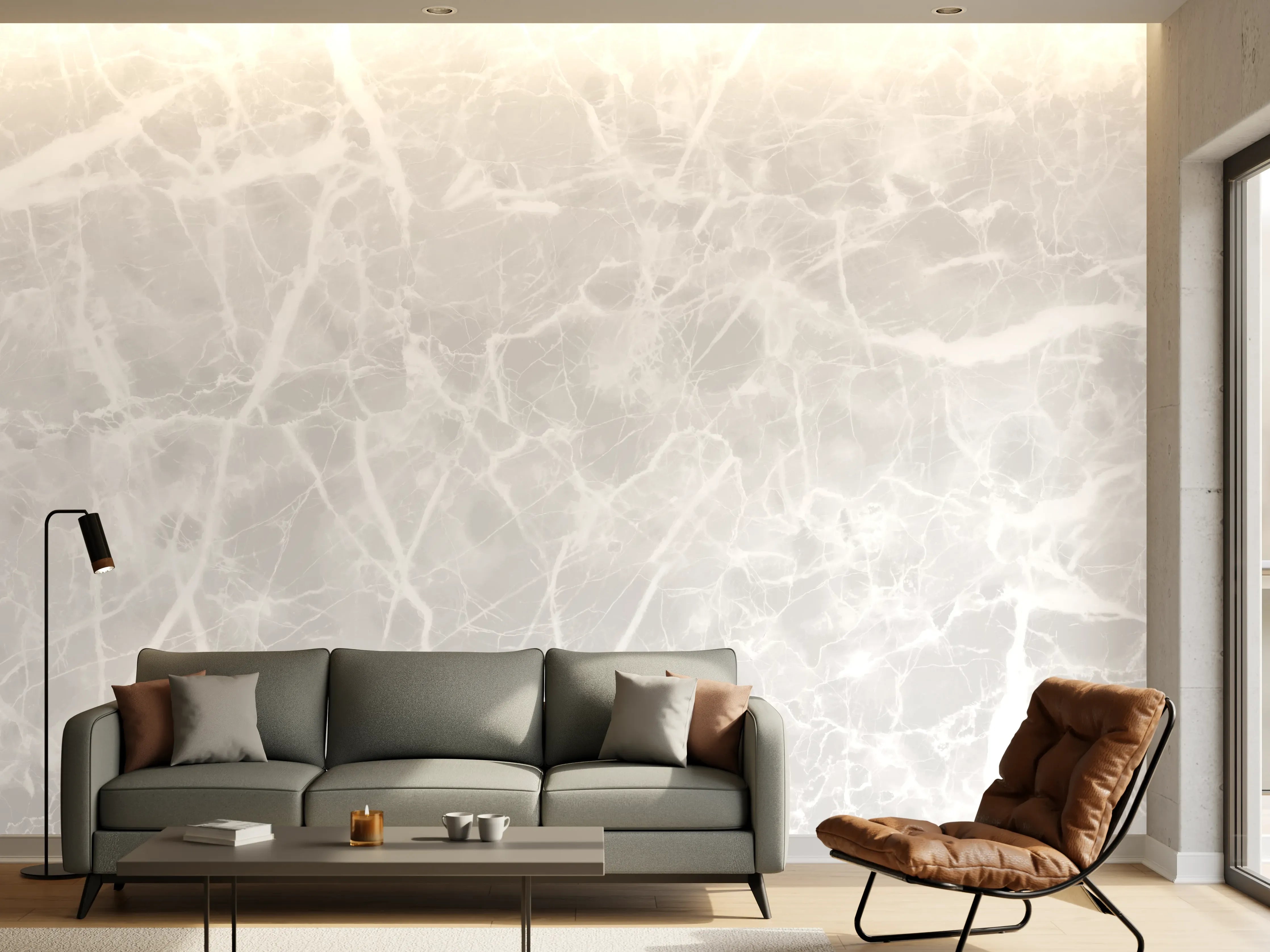 Wandverkleidung Wohnzimmer - Luxus Weiß-Grau Marmor