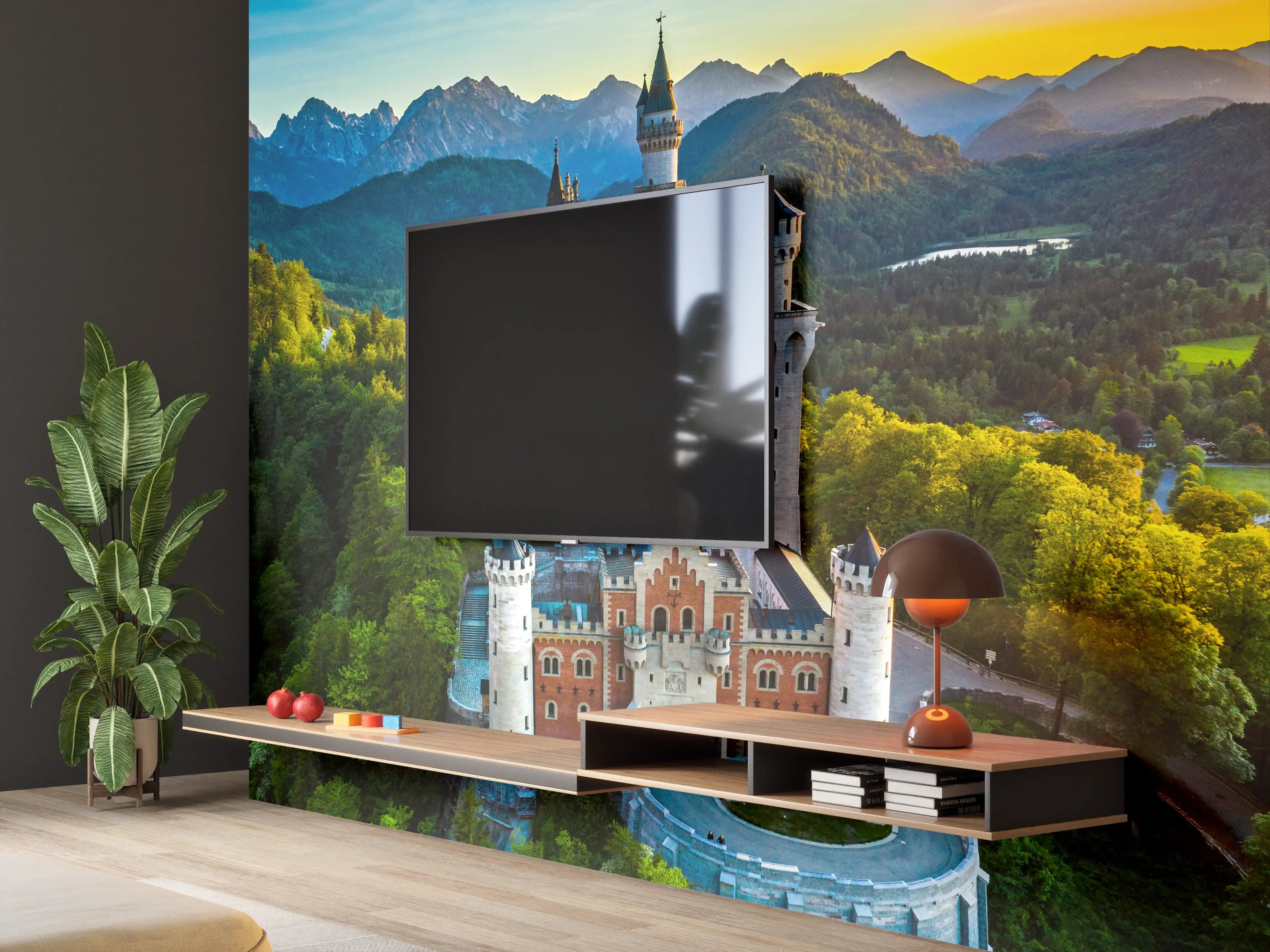 Wandverkleidung Wohnzimmer - Märchenhafte Burg vor malerischer Bergkulisse