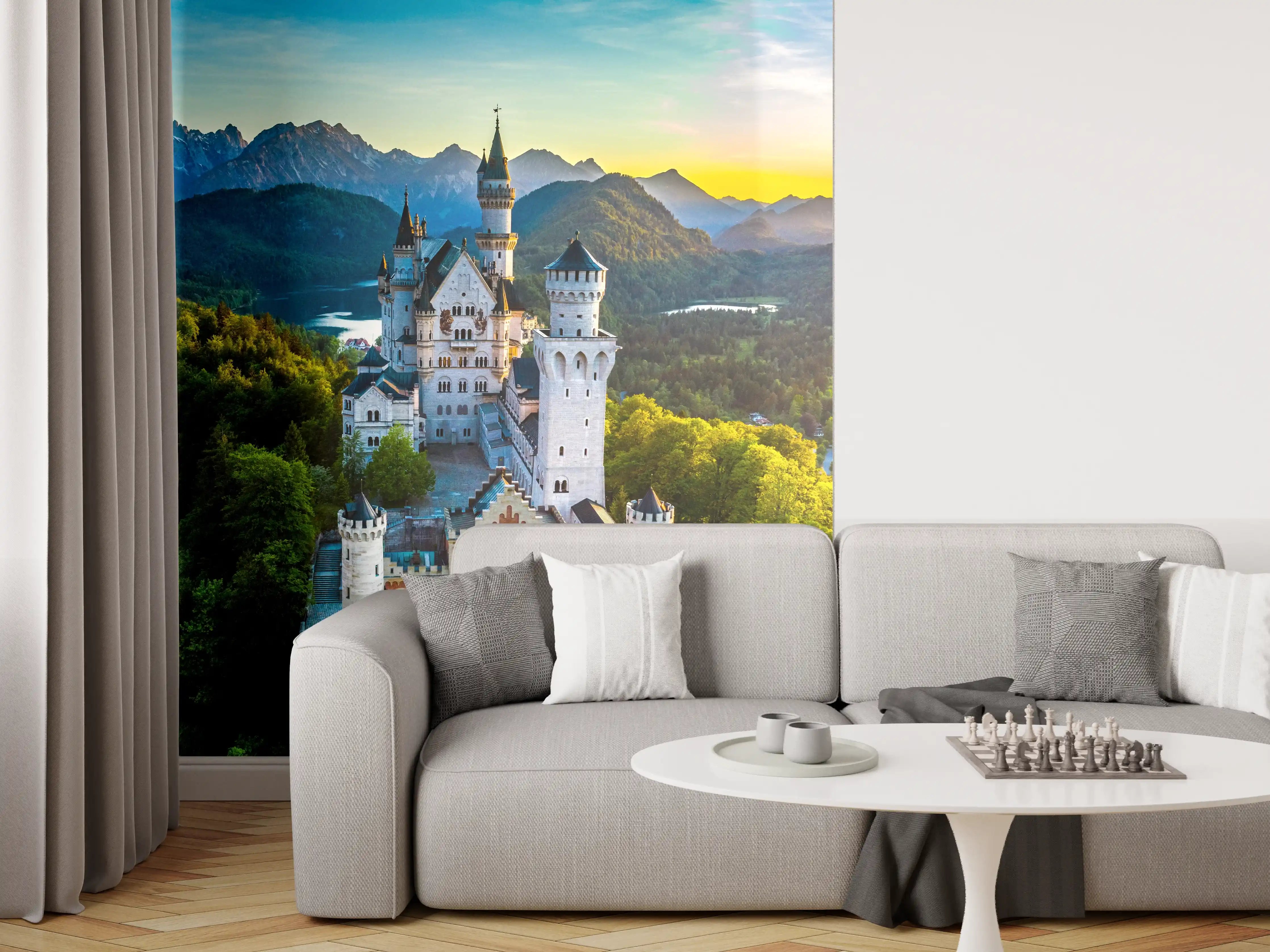 Wandverkleidung Wohnzimmer - Märchenhafte Burg vor malerischer Bergkulisse