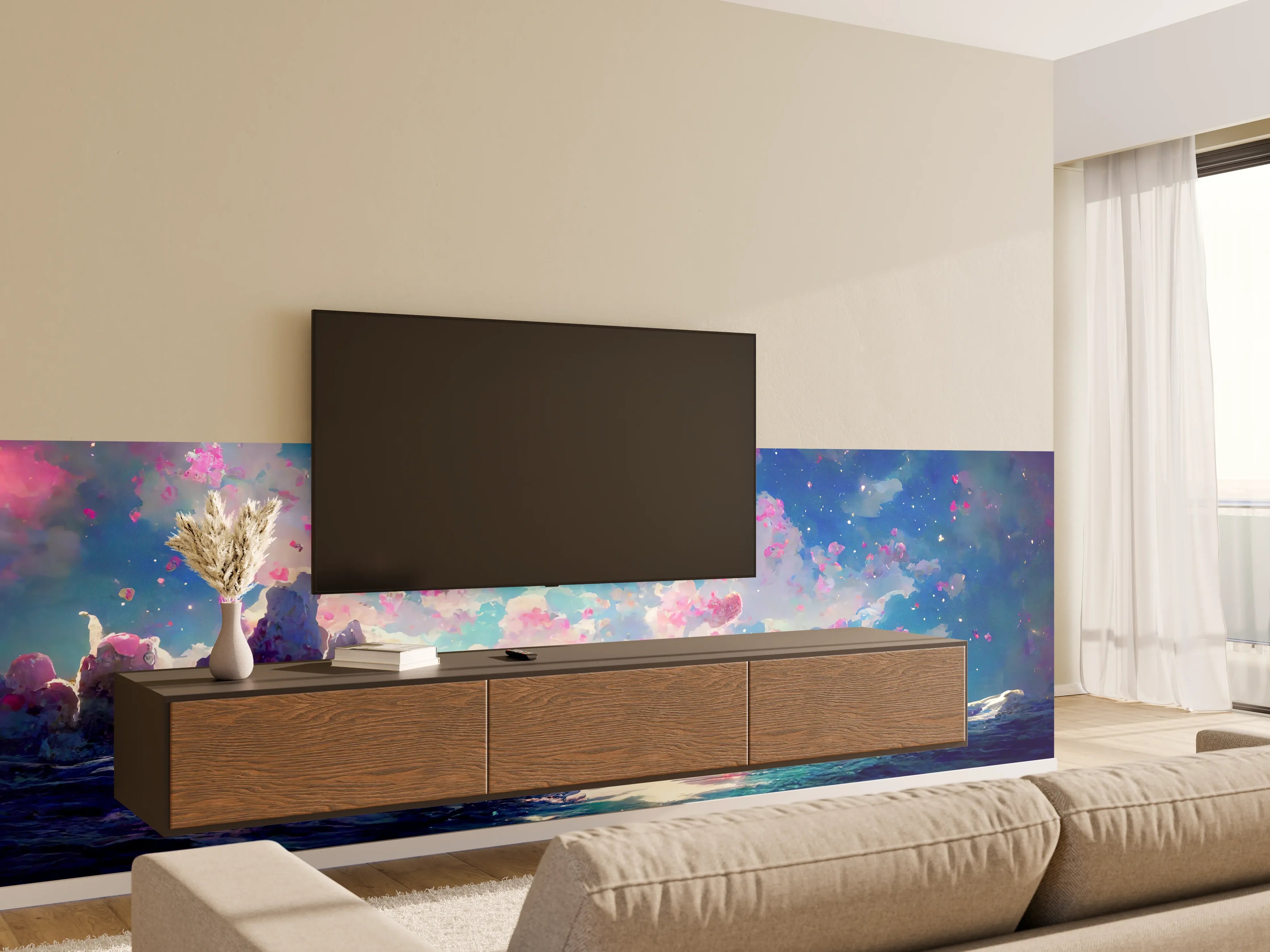 Wandverkleidung Wohnzimmer - Magische Himmelslandschaft Rosa Blau