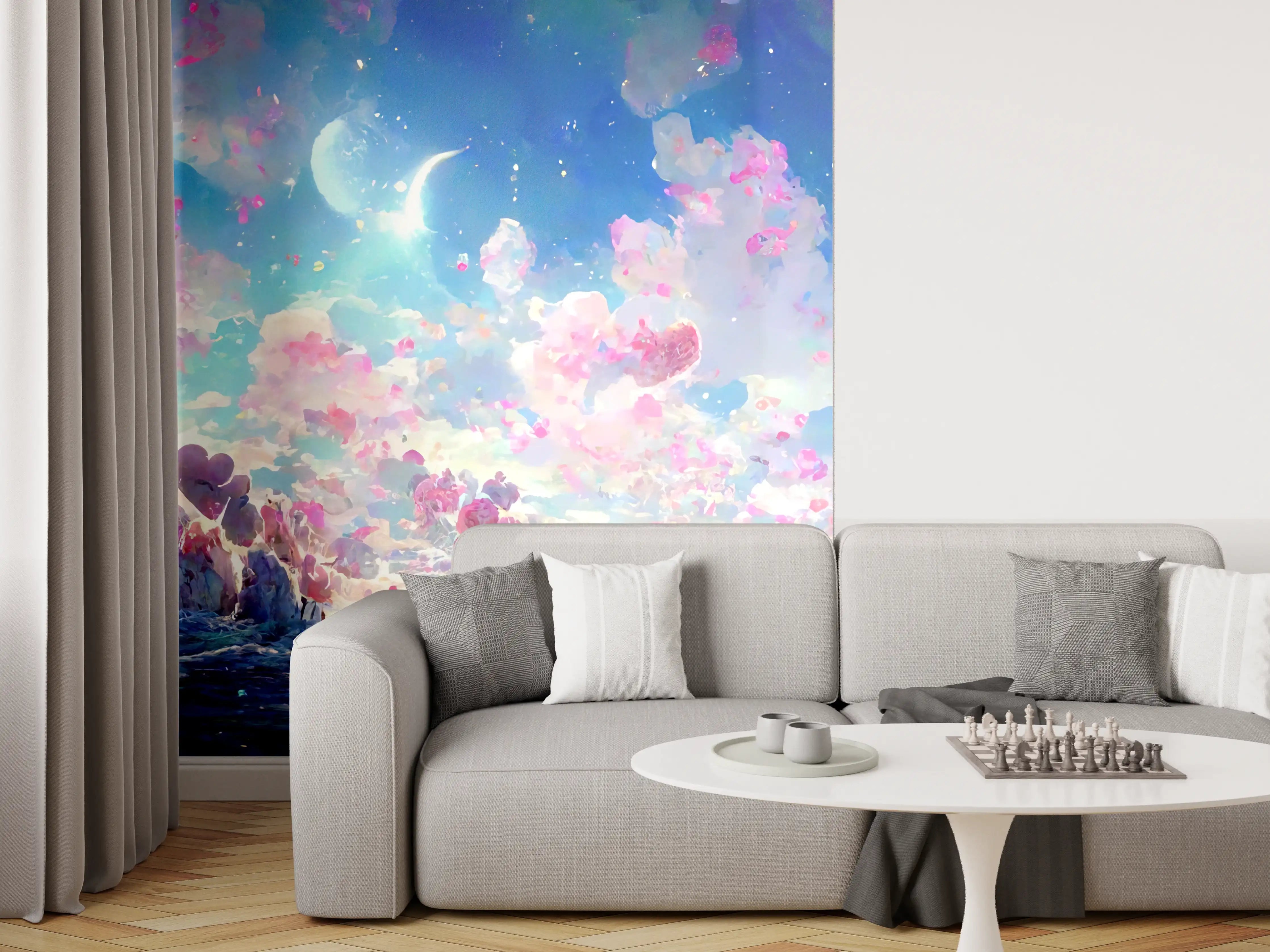 Wandverkleidung Wohnzimmer - Magische Himmelslandschaft Rosa Blau