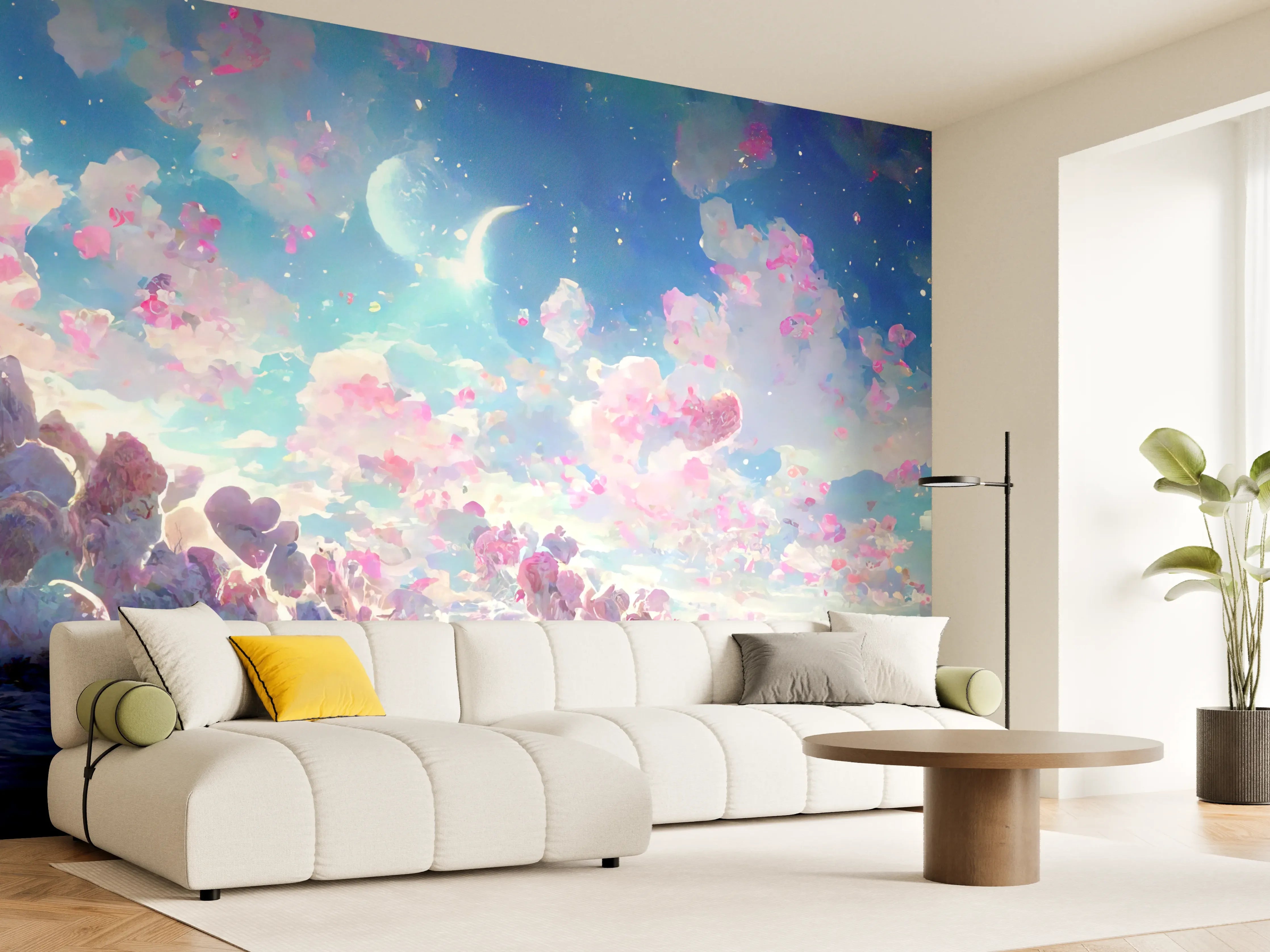 Wandverkleidung Wohnzimmer - Magische Himmelslandschaft Rosa Blau