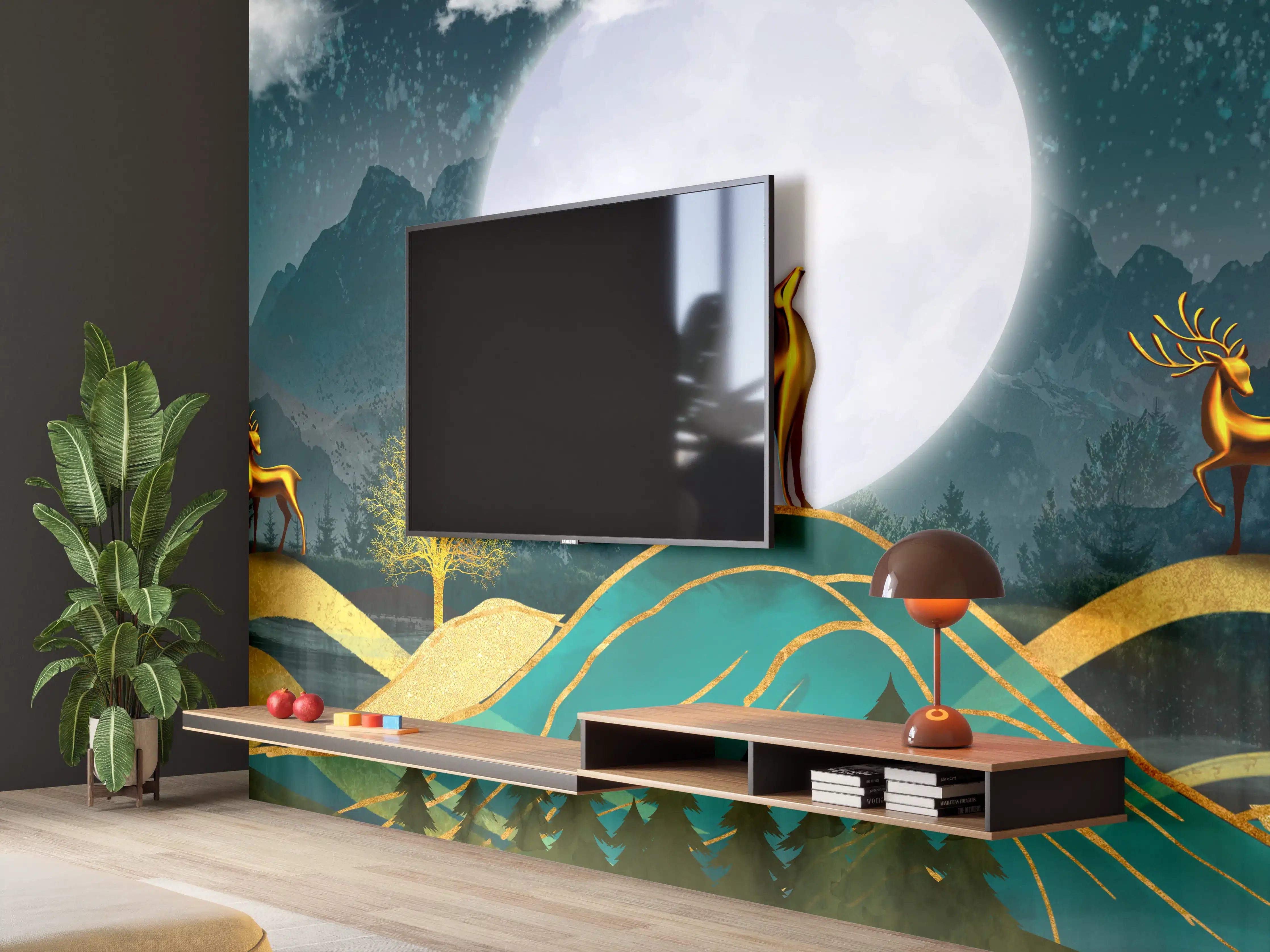 Wandverkleidung Wohnzimmer - Magische Hirschszene bei Vollmond