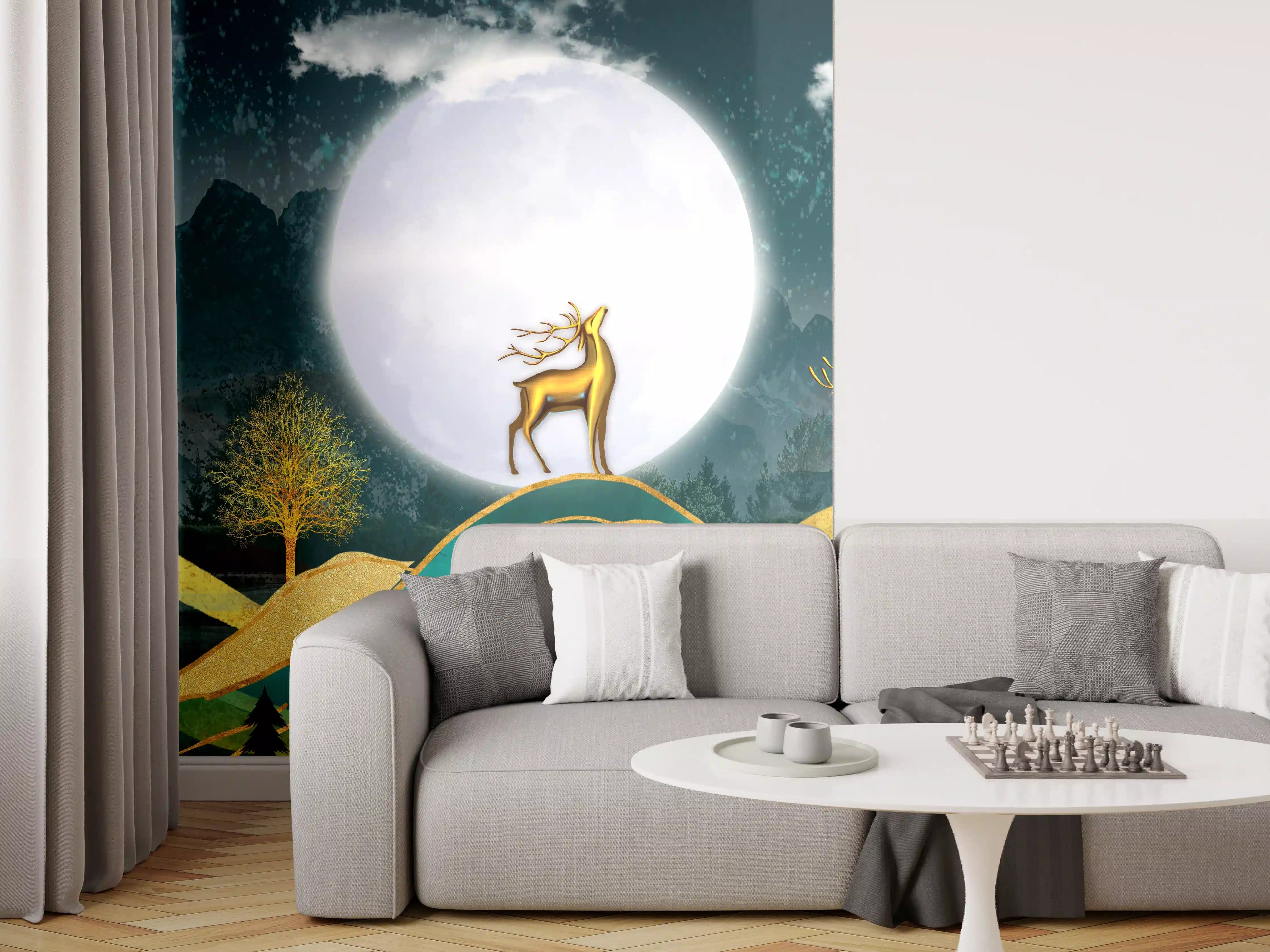 Wandverkleidung Wohnzimmer - Magische Hirschszene bei Vollmond