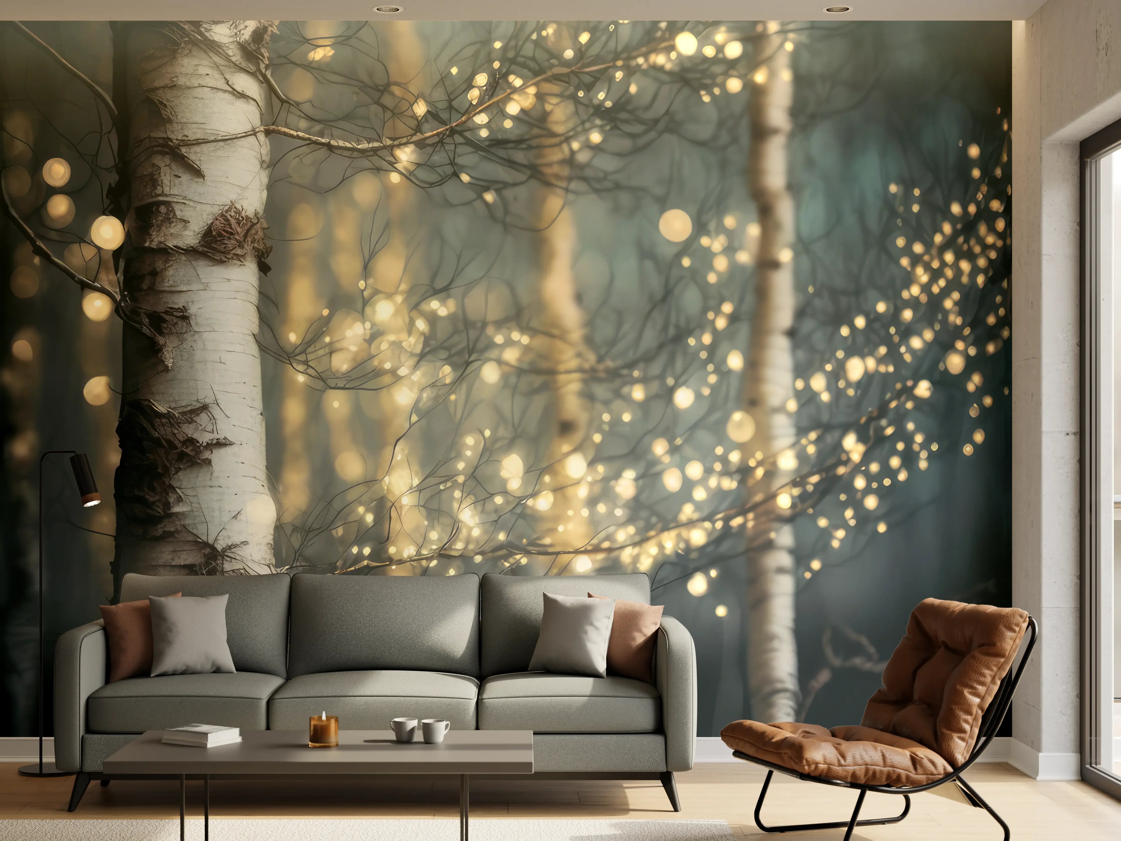 Wandverkleidung Wohnzimmer - Magische Lichter im dunklen Wald