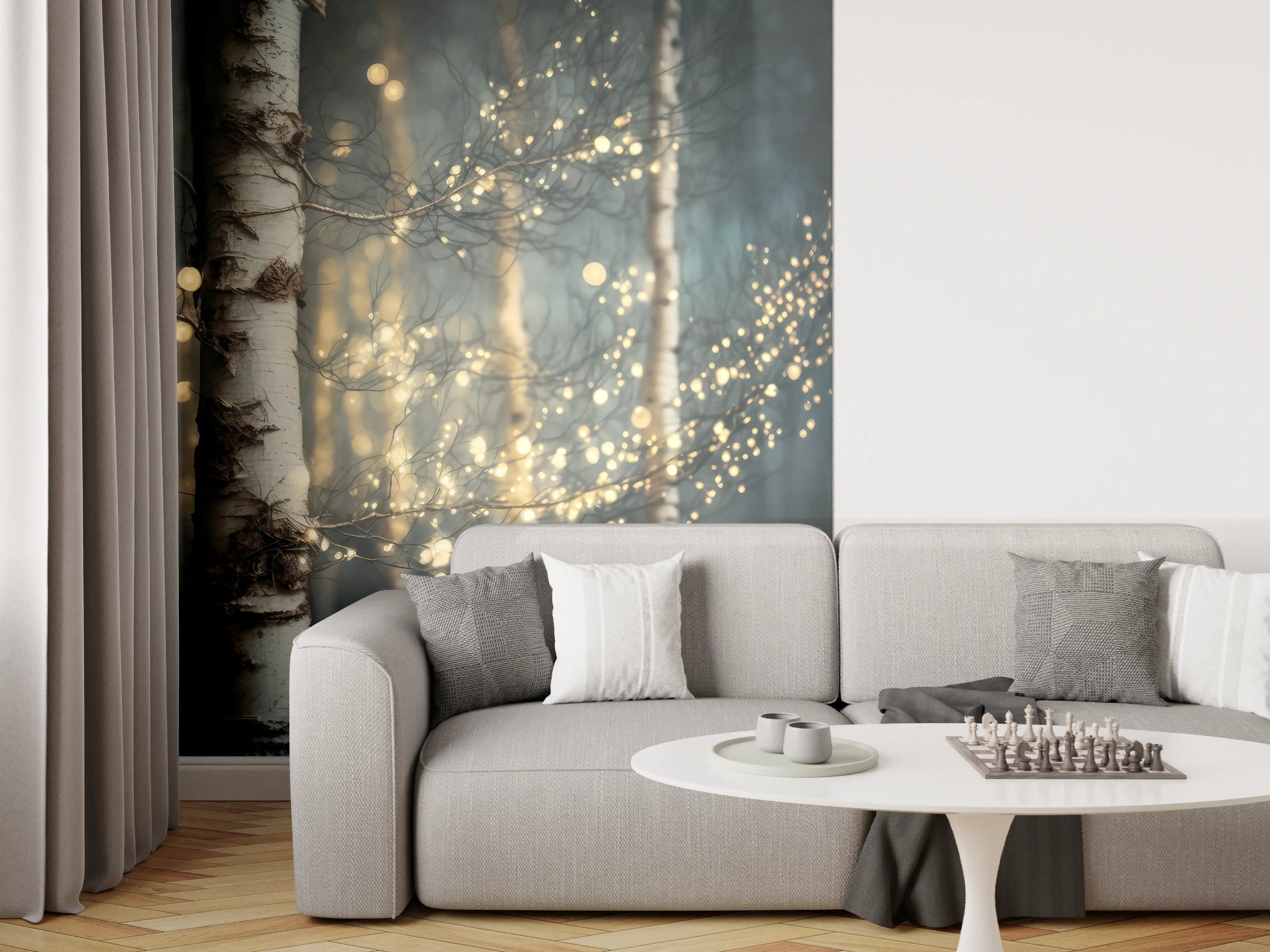 Wandverkleidung Wohnzimmer - Magische Lichter im dunklen Wald