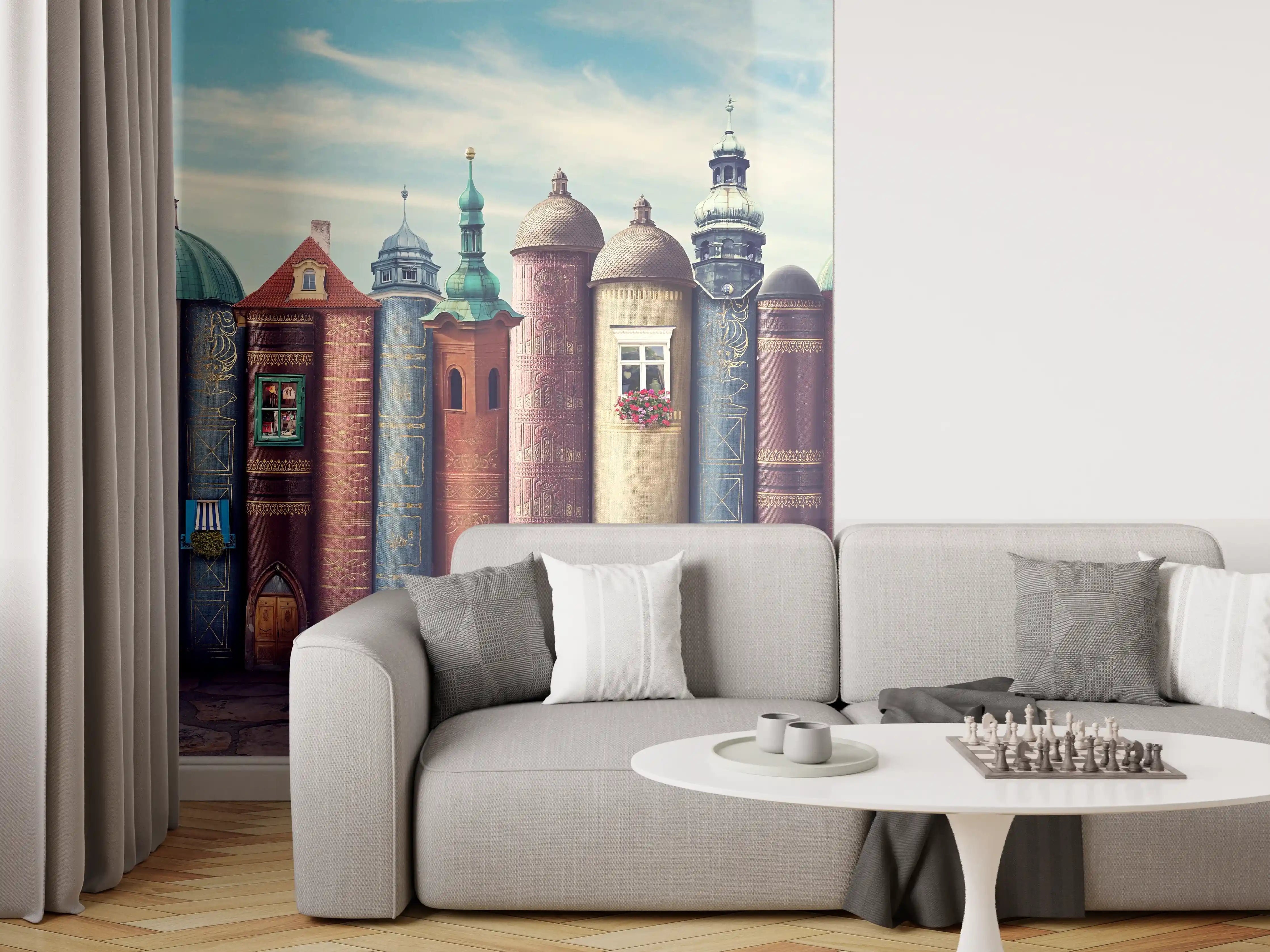 Wandverkleidung Wohnzimmer - Magische Stadt aus Büchern