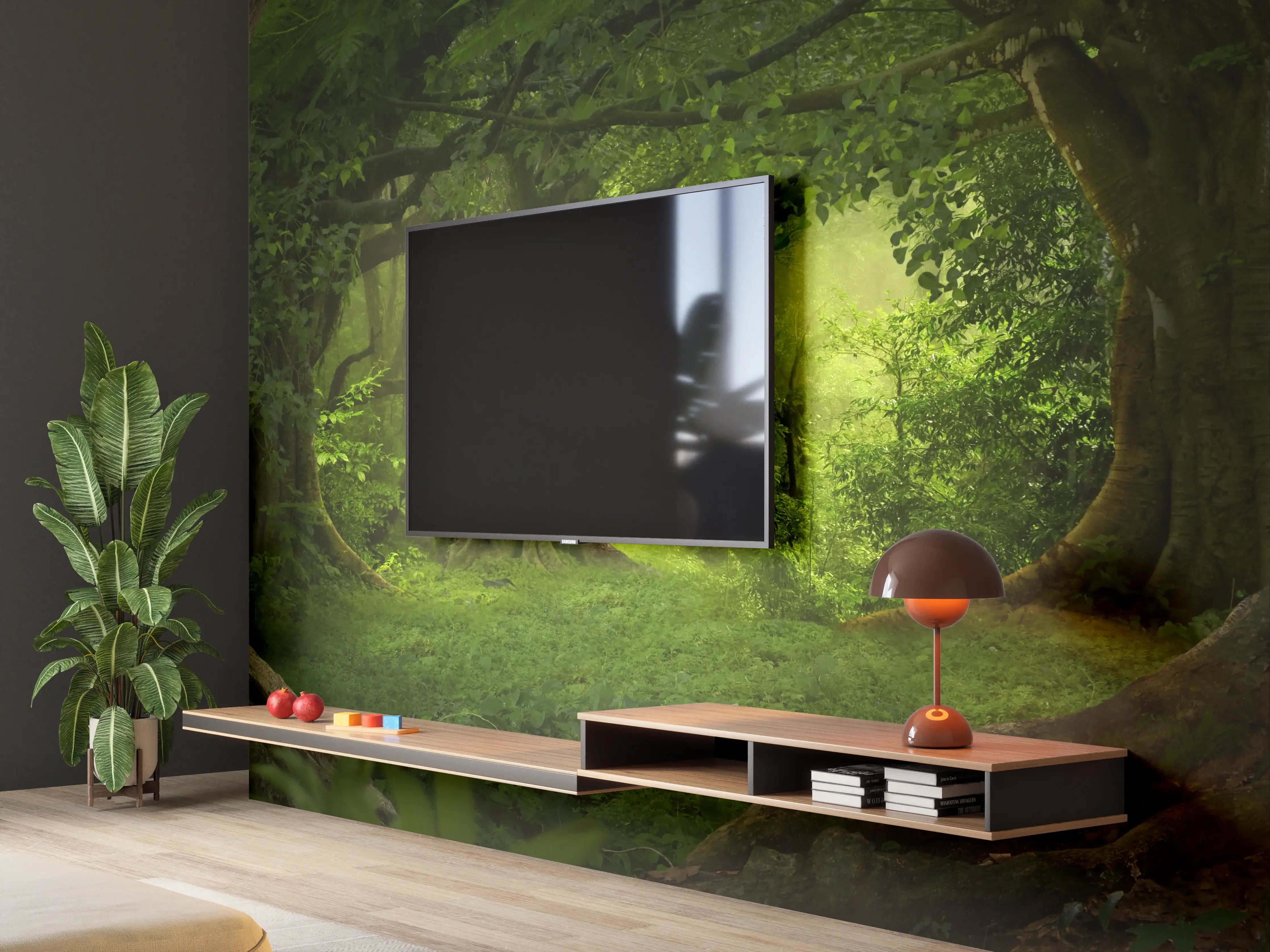 Wandverkleidung Wohnzimmer - Magischer Blick in den grünen Wald