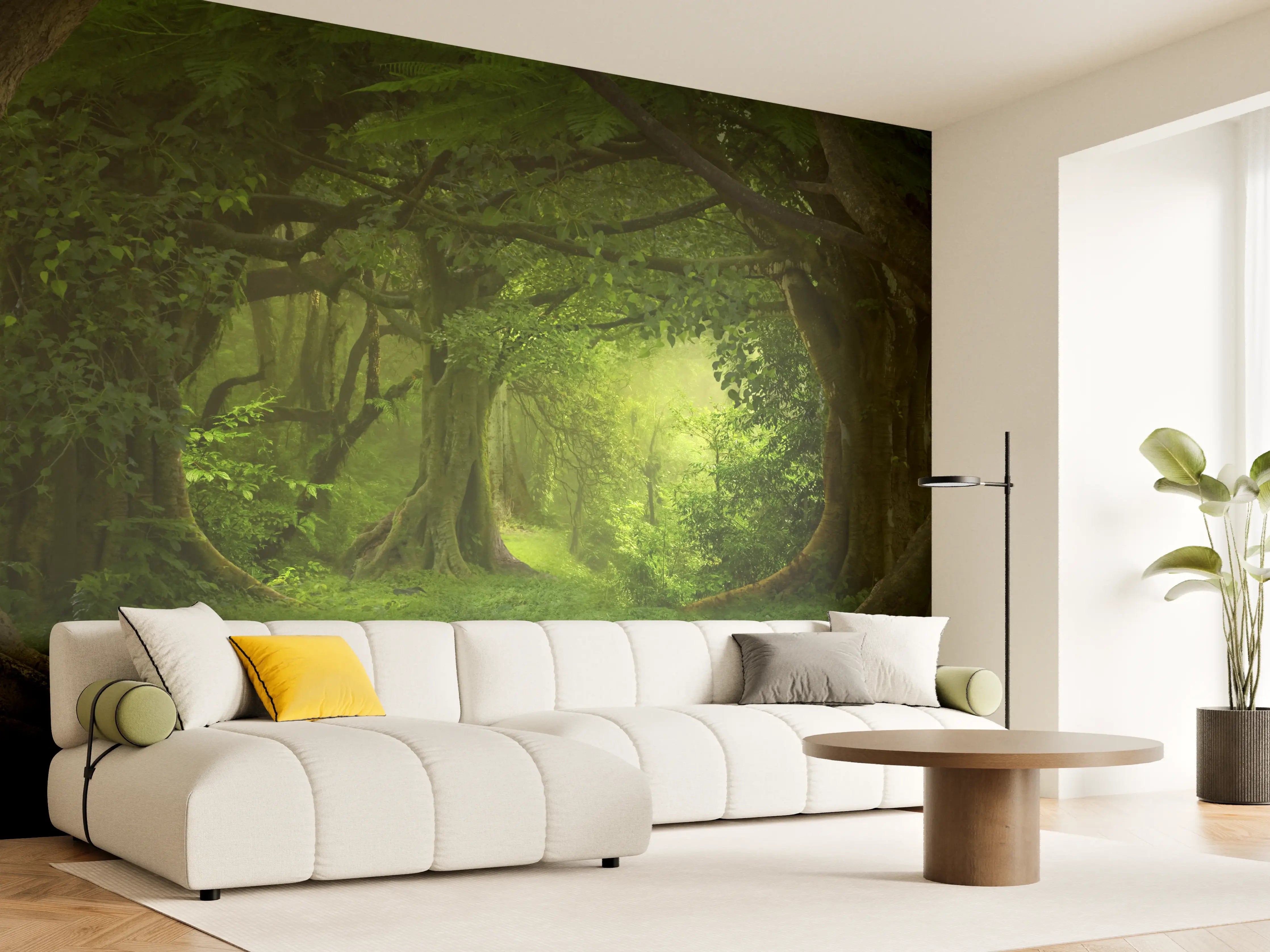 Wandverkleidung Wohnzimmer - Magischer Blick in den grünen Wald