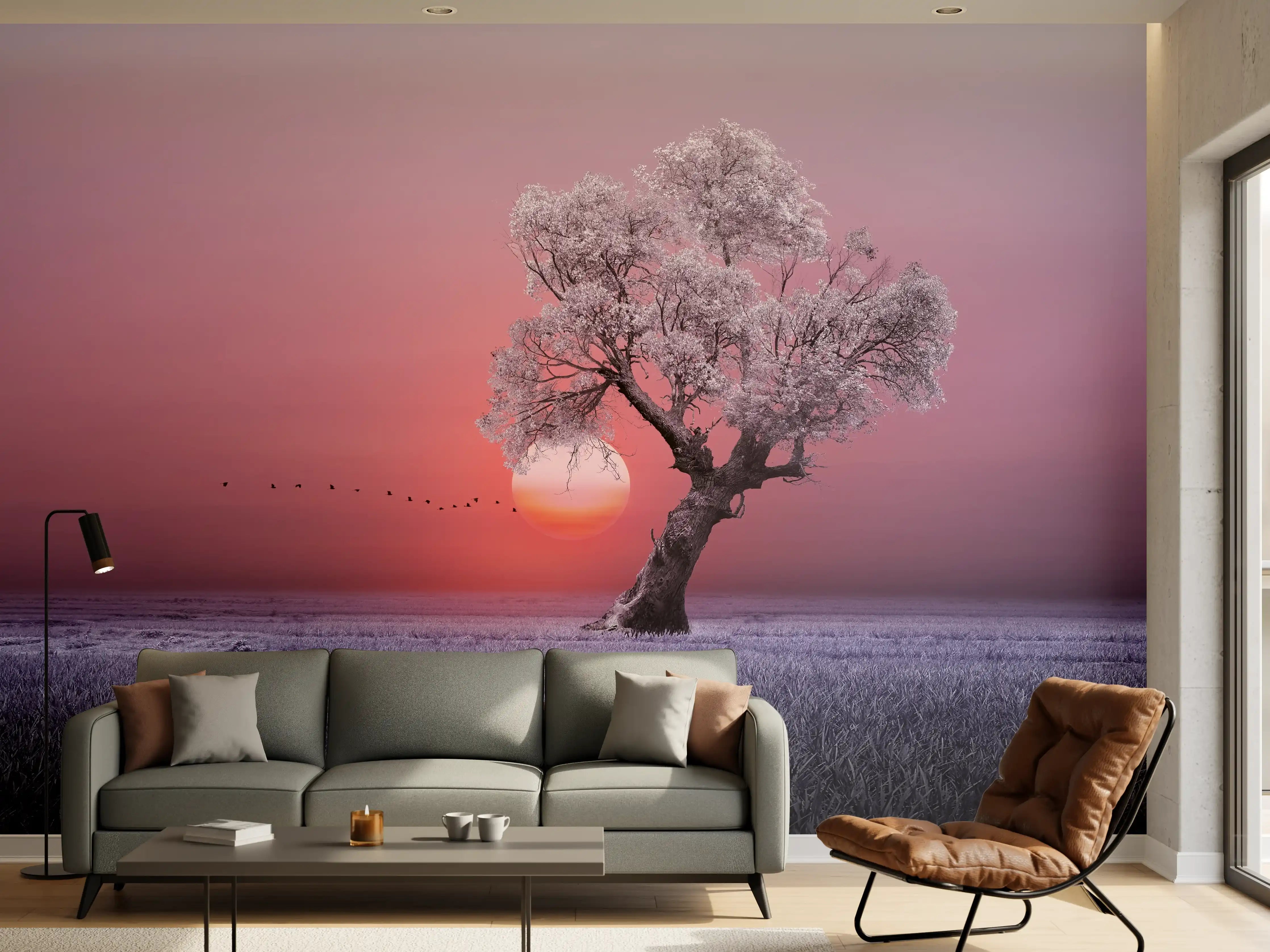 Wandverkleidung Wohnzimmer - Magischer Sonnenuntergang bei blühendem Baum